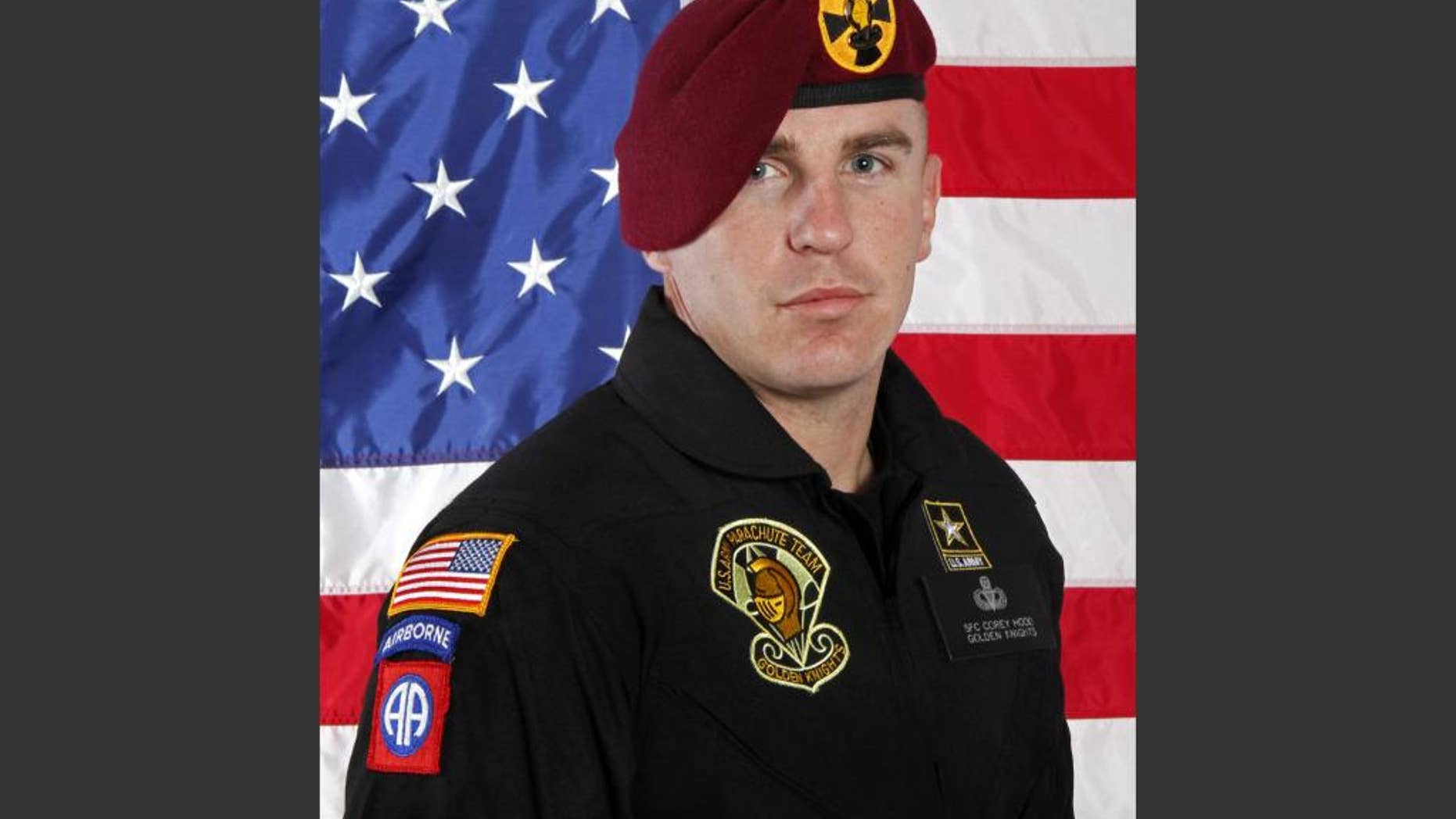 This undated photo provided by the U.S. Army shows Sgt. 1st Class Corey Hood. A parachutist the Army Golden Knights, Hood died Sunday after suffering severe injuries from an accident during a stunt on Saturday at the Chicago Air & Water Show, the Cook County medical examiner's office said. (U.S Army via AP)