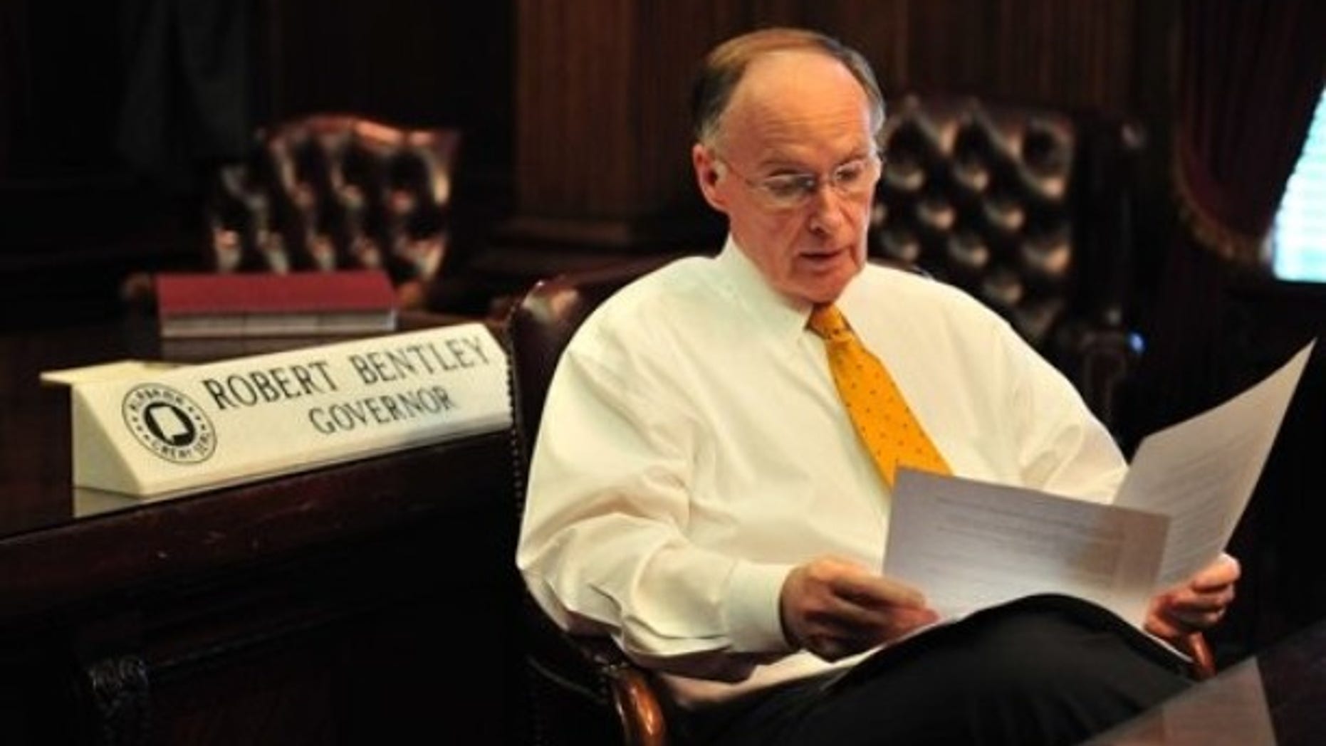 Alabama Gov. Robert Bentley looks over his State of the State speech, Monday, Feb 28, 2011. in Montgomery, Ala. at his office in the historic Alabama State Capitol. (AP)