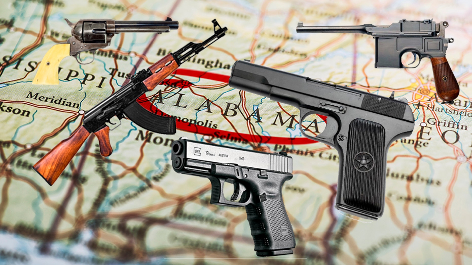 Alabama circled with red marker on map. Close up shot.