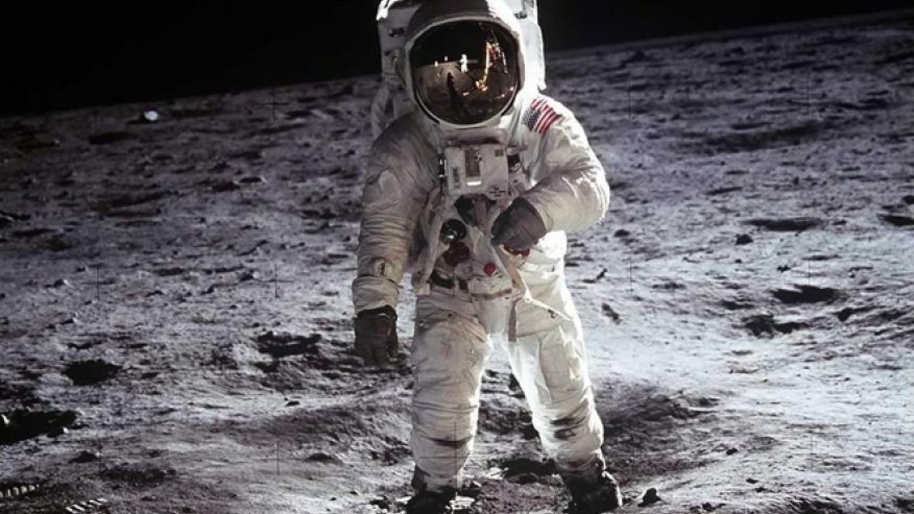 Buzz Aldrin, Apollo 11, 1969: Astronaut Buzz Aldrin, lunar module pilot, walks on the surface of the Moon near the leg of the Lunar Module "Eagle" during the Apollo 11 extravehicular activity (EVA). Astronaut Neil A. Armstrong, commander, took this photograph with a 70mm lunar surface camera.