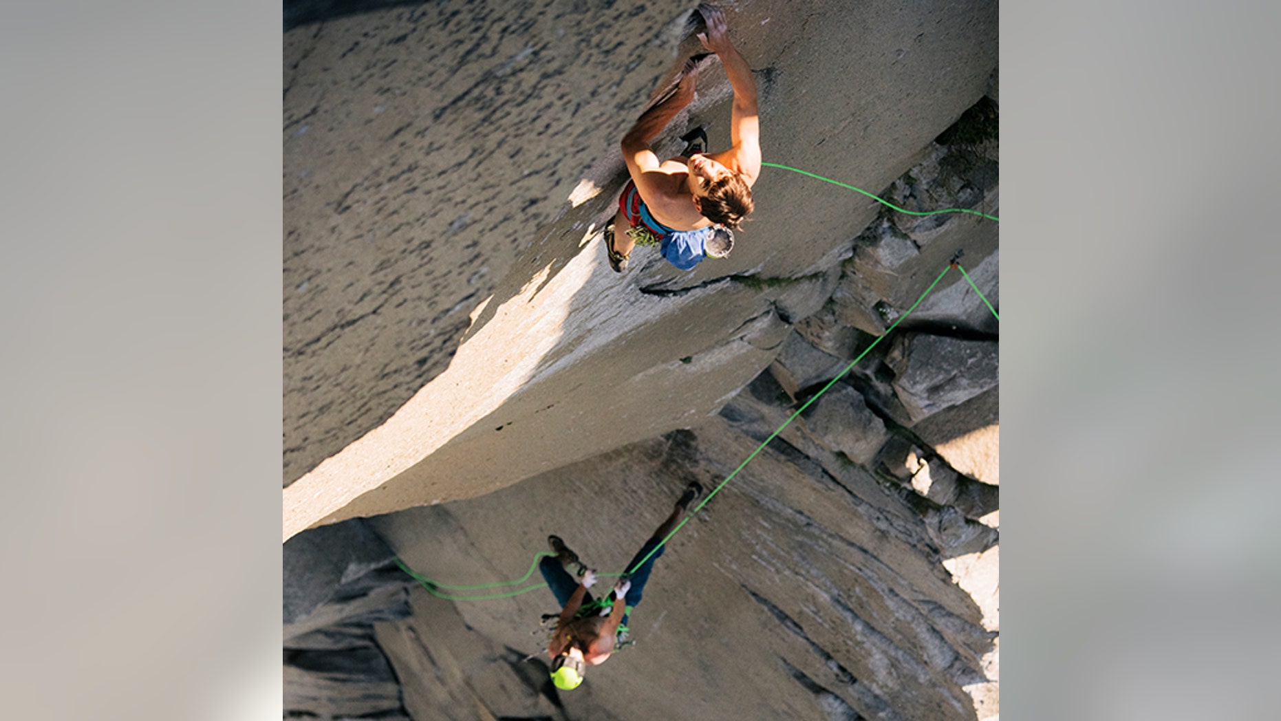 Alex Honnold and Tommy Caldwell climb The Nose of El Capitan in Yosemite National Park, Calif. Days after two of the world's most celebrated rock climbers twice set astonishingly fast records on the biggest wall in Yosemite National Park, they did it again Wednesday, breaking a mark compared with track's four-minute mile. (Corey Rich/Reel Rock/Novus Select via AP)