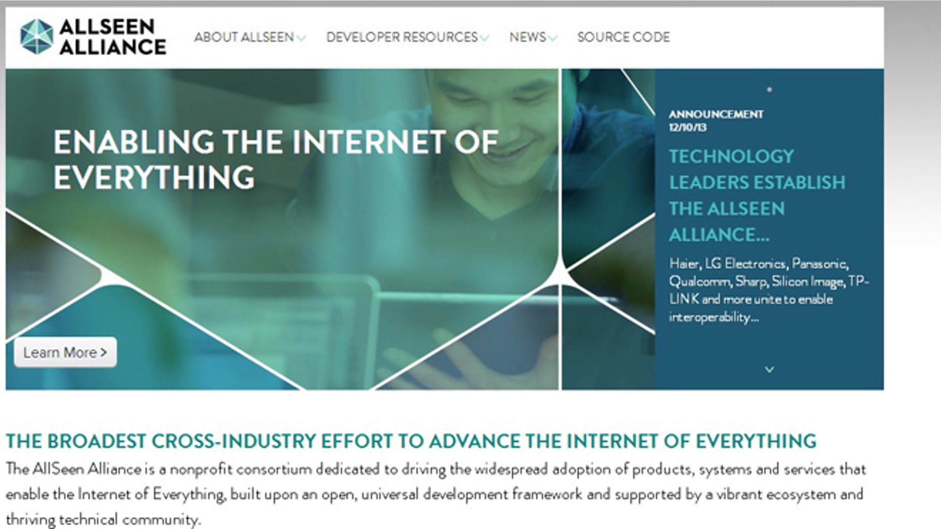 A screenshot of the website for the AllSeen Alliance, a new initiative to make connected, "smart home" appliances smarter.