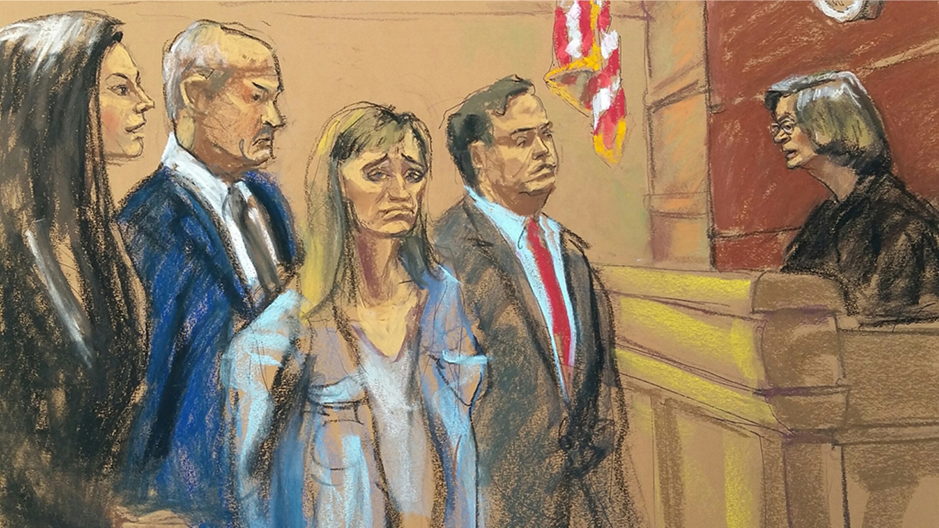 From left to right: Ausa Moira Penza, McGovern, Allison Mack and Sean Buckley in a federal court in Brooklyn, NY, on Friday, April 20, 2018.