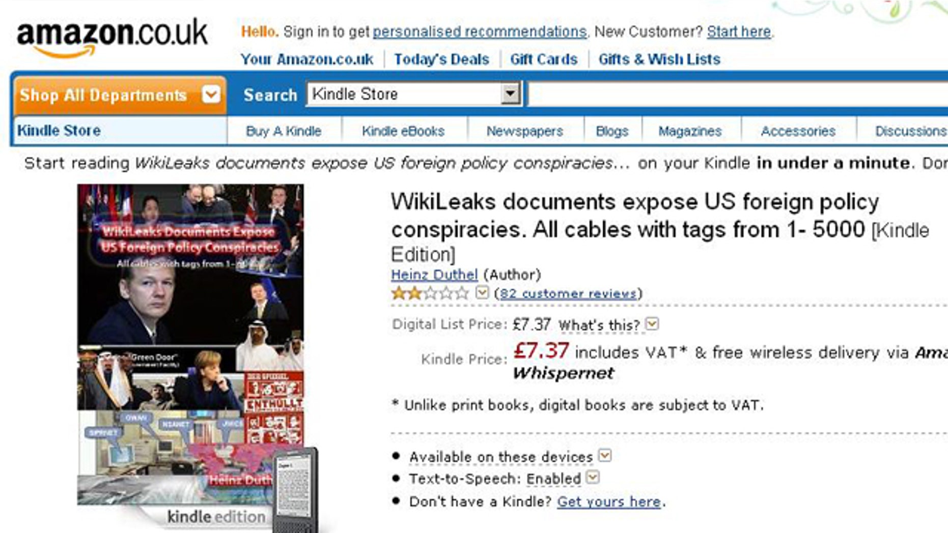 A screen capture of a controversial new book for sale on Amazon, containing the stolen cables published to WikiLeaks.