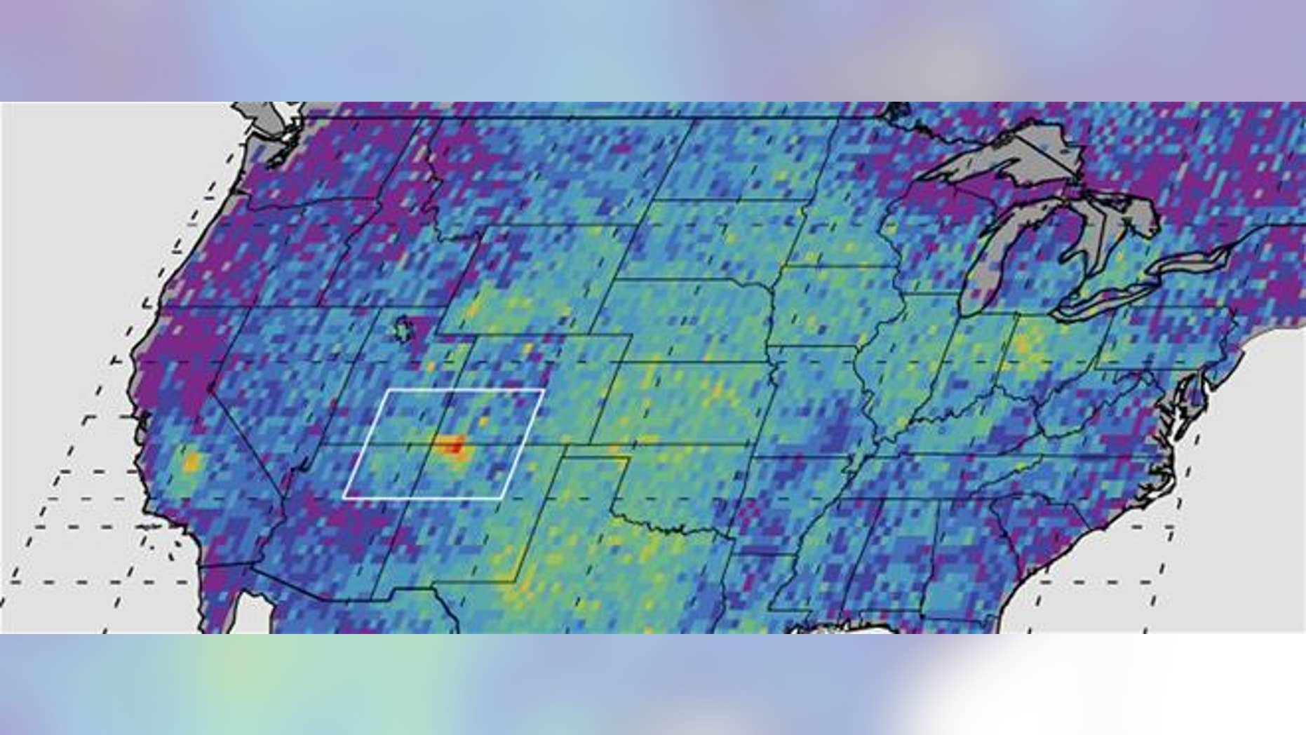 The hot spot is seen in red in this digital map, showing how much emissions varied from average background concentrations from 2003-2009.