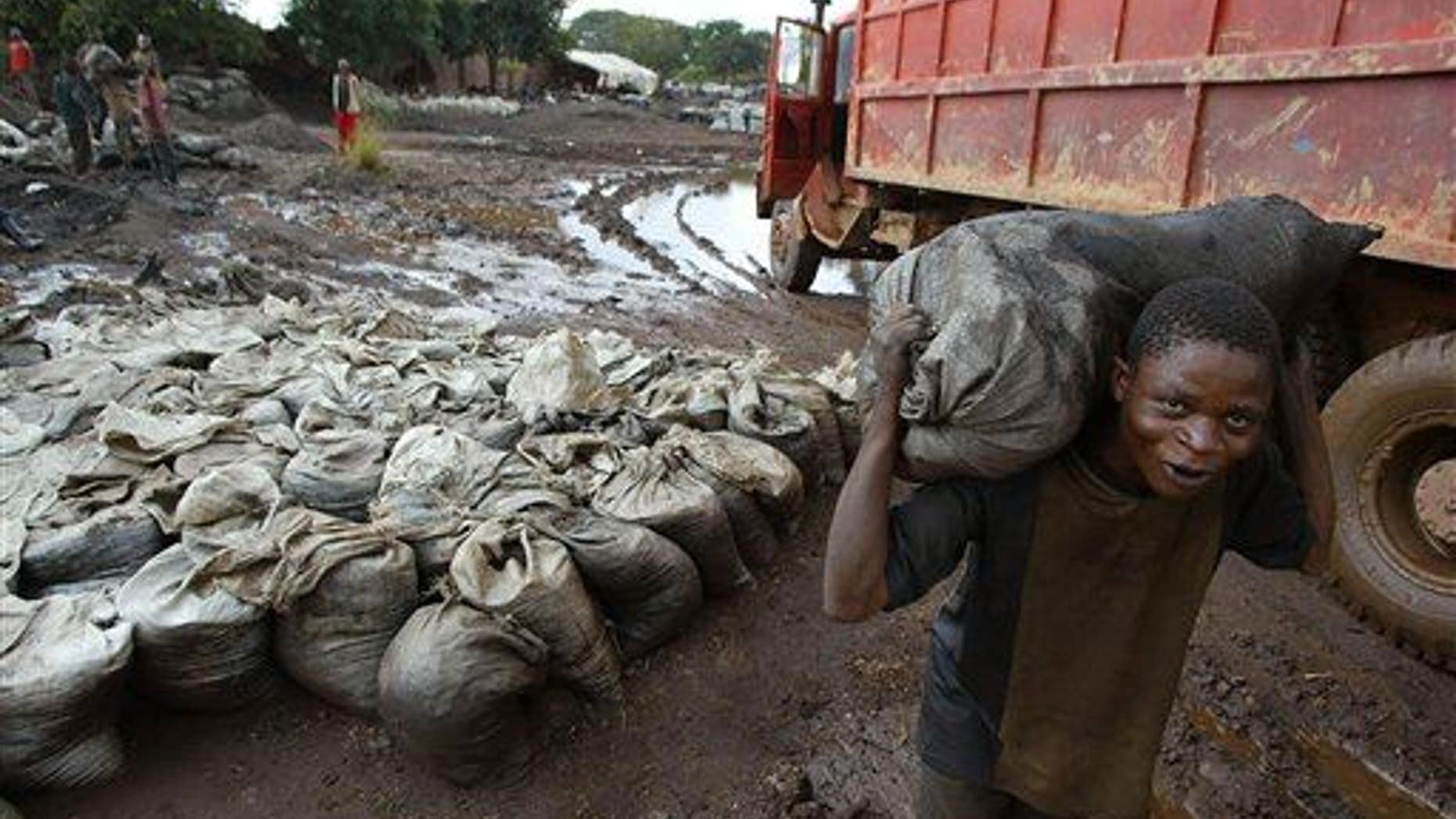 In this April 10, 2004, file photo, a young man carries wet cobalt on his back at the Shinkolobwe cobalt mine in the Democratic Republic of Congo.