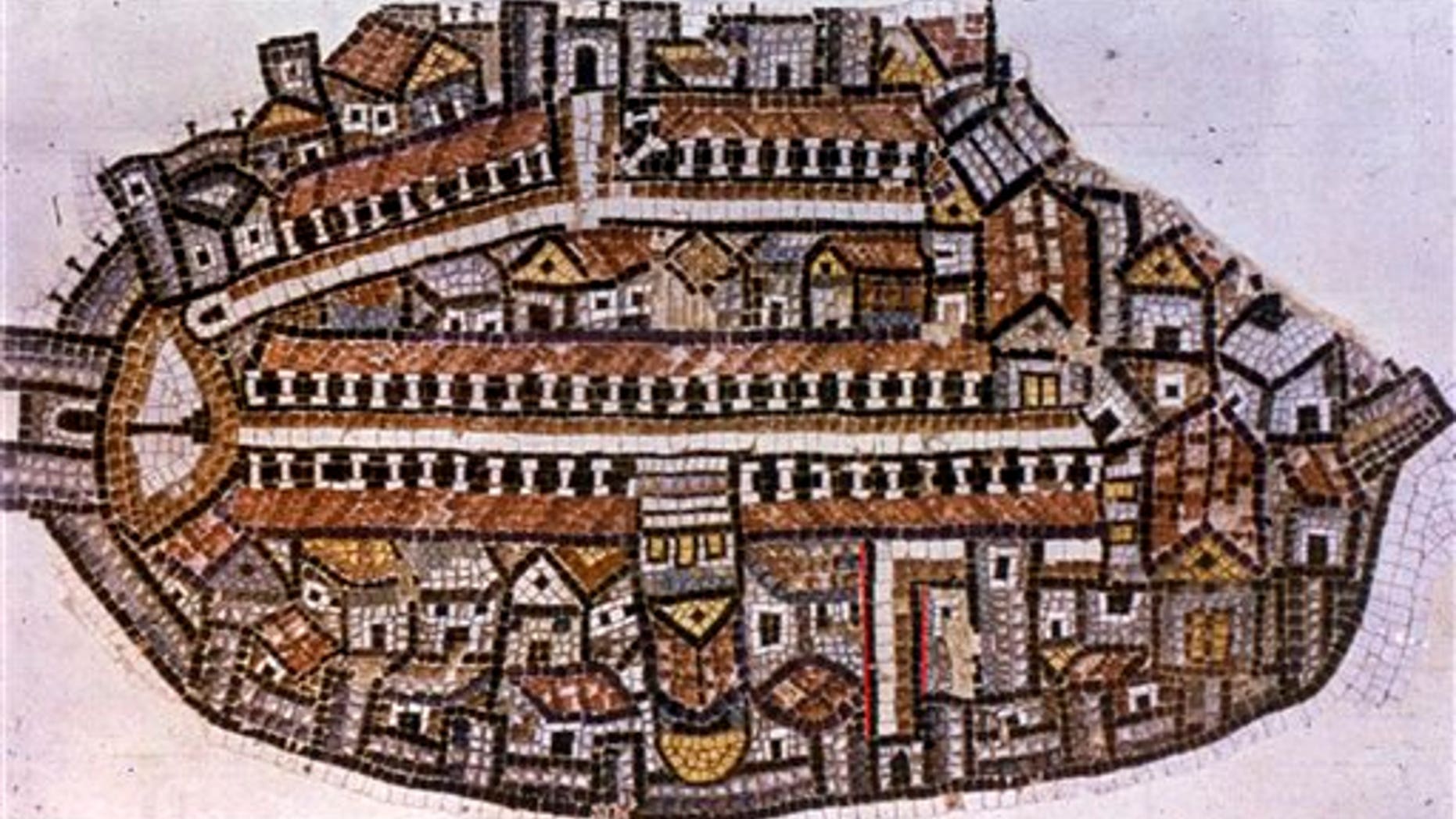 The Madaba map that was found in a Jordanian church is seen, with red marks placed in the area representing a recently excavated Byzantine street in Jerusalem's Old City.