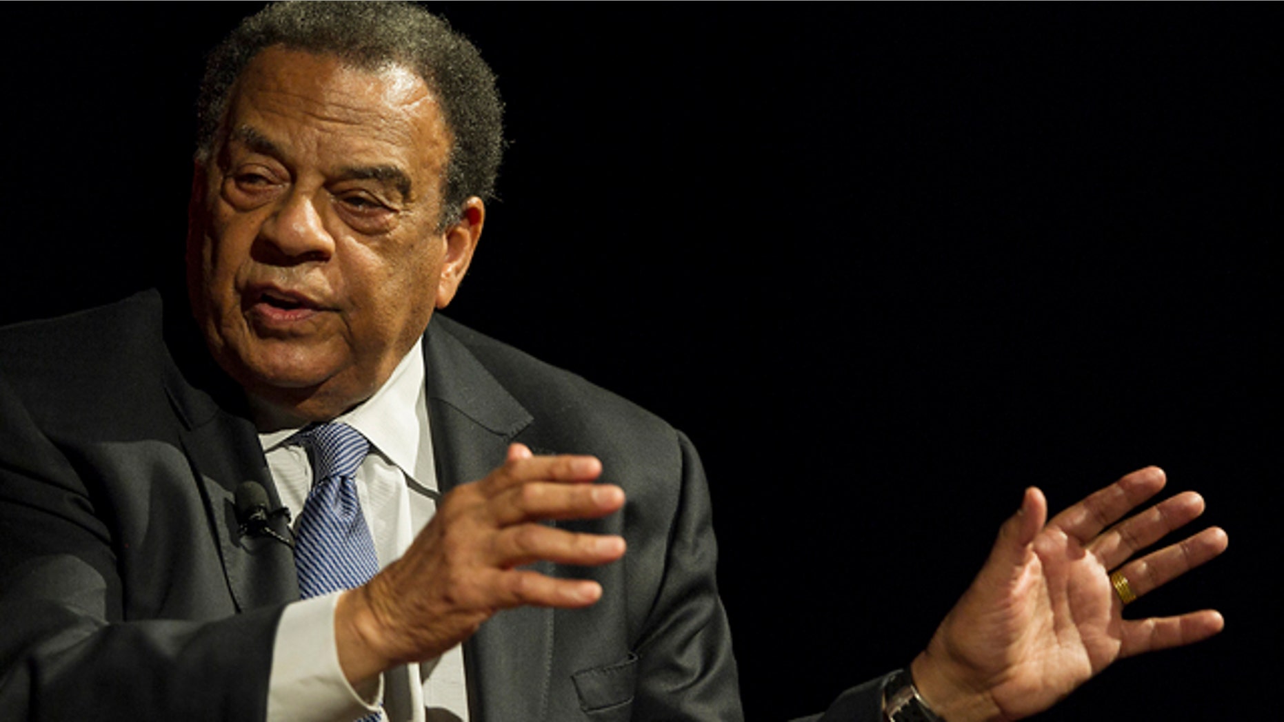 FILE - In this April 9, 2014, file photo, Andrew Young, former Congressman and United Nations Ambassador, speaks during a discussion panel at the the Civil Rights Summit at the Lyndon Baines Johnson Library and Museum in Austin, Texas. (Rodolfo Gonzalez/Austin American-Statesman via AP, Pool, File)