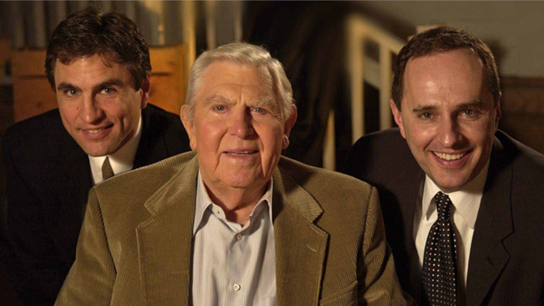 From left to right: Mike Trinklein, Andy Griffith and Steve Boettcher at a taping for PBS’ “Pioneers of Television,” a documentary series that offers inside stories from some of America’s most beloved television stars. Trinklein and Boettcher, the series producers, were interviewing Griffith for the Sitcoms episode, which aired in 2008.
