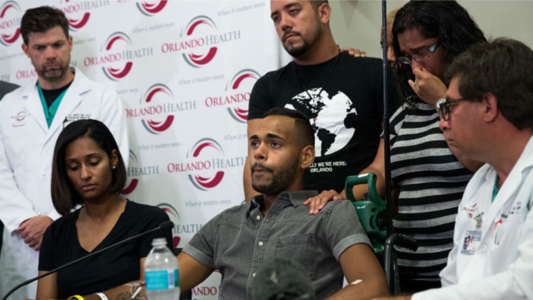 ORLANDO, FL - JUNE 14: Surrounded by medical personnel and his siblings, Angel Colon, who was injured in the Pulse Nightclub shooting, speaks to the media during a press conference at Orlando Regional Medical Center, June 14, 2016 in Orlando, Florida. The shooting at Pulse Nightclub, which killed 49 people and injured 53, is the worst mass-shooting event in American history. (Photo by Drew Angerer/Getty Images)