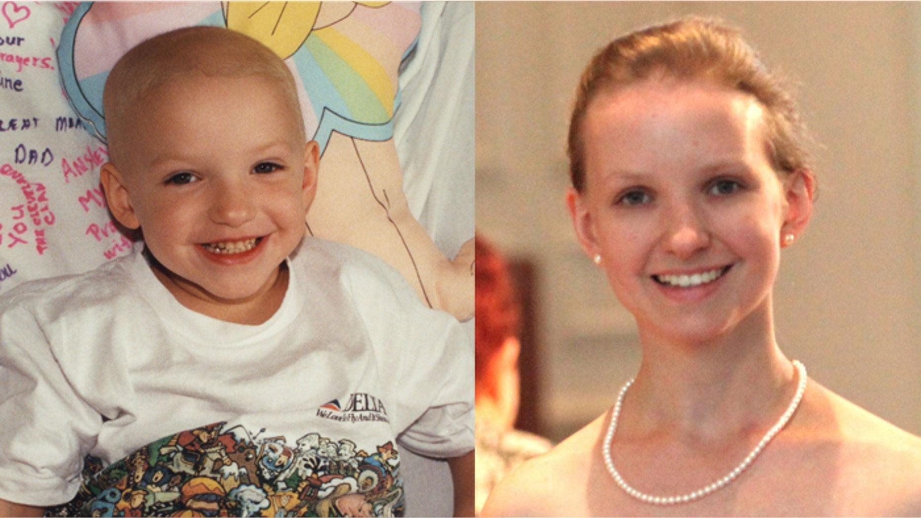 Ansley Riedel undergoing cancer treatment as a child (L) and as an adult now (R).