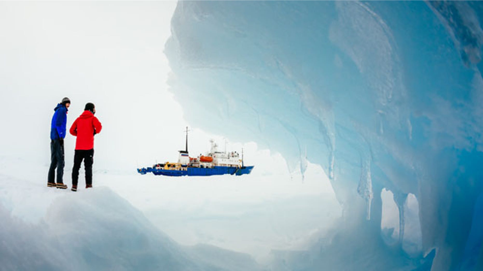 December 31, 2013: Passengers from the Russian ship MV Akademik Shokalskiy trapped in the ice 1,500 nautical miles south of Hobart, Australia, walk around the ice. (AP//Australasian Antarctic Expedition/Footloose Fotography, Andrew Peacock)