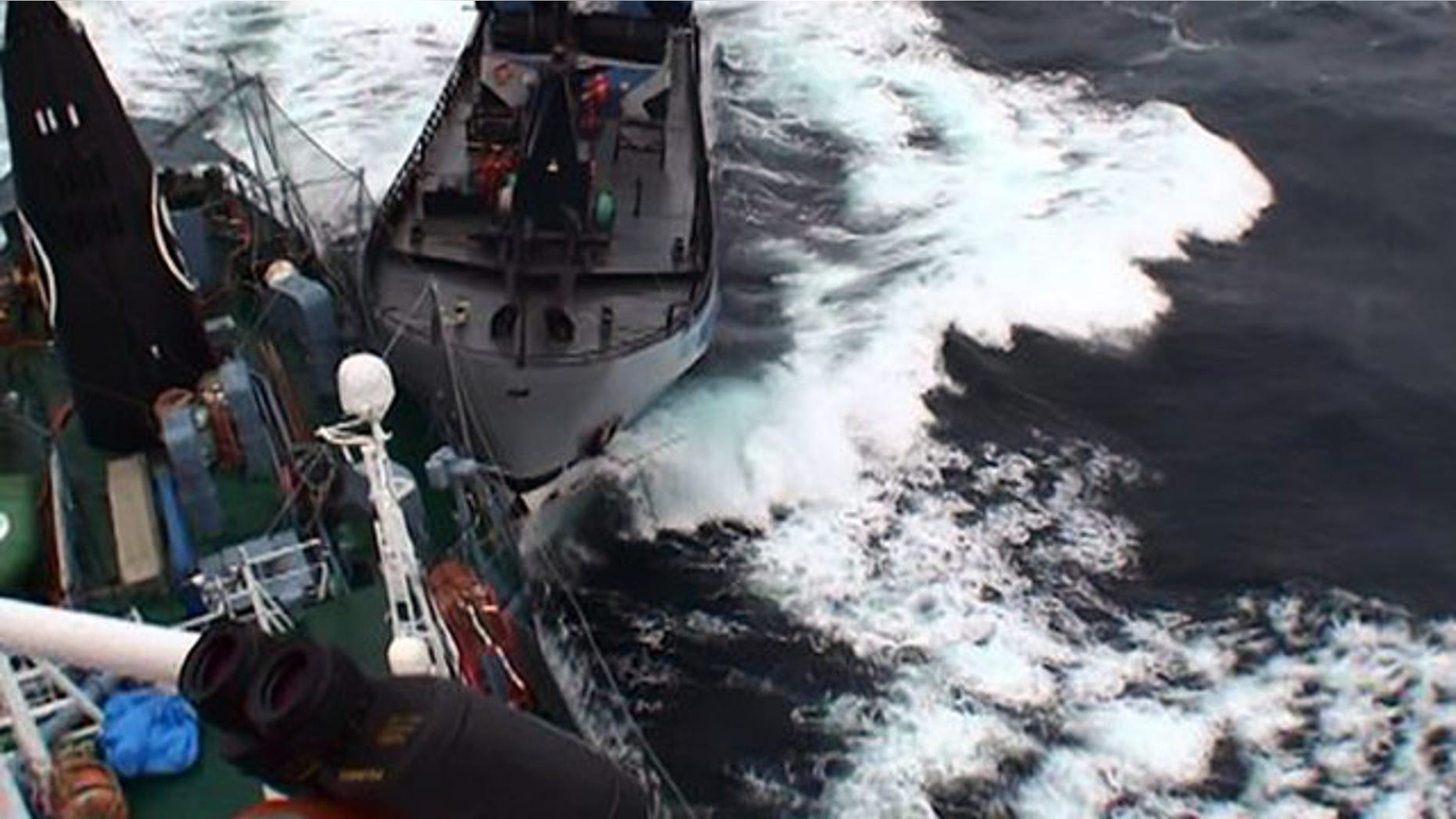 February 2, 2014: In this photo provided by the Institute of Cetacean Research, Japanese whaling vessel Yuhsin Maru No. 3, left, and Sea Shepherd's the Bob Barker' collide in the remote, icy seas off Antarctica. No one was injured, though both ships received minor damage in the Sunday's collision - the latest drama in an annual battle between the conservationists and the whalers. Both sides are blaming each other for the crash. (AP Photo/The Institute of Cetacean Research)