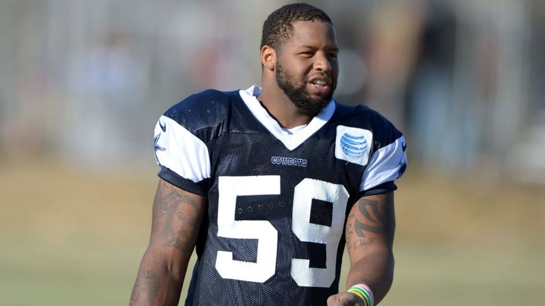 Jul 31, 2014; Oxnard, CA, USA; Dallas Cowboys linebacker Anthony Hitchens (59) at training camp at the River Ridge Fields. Mandatory Credit: Kirby Lee-USA TODAY Sports