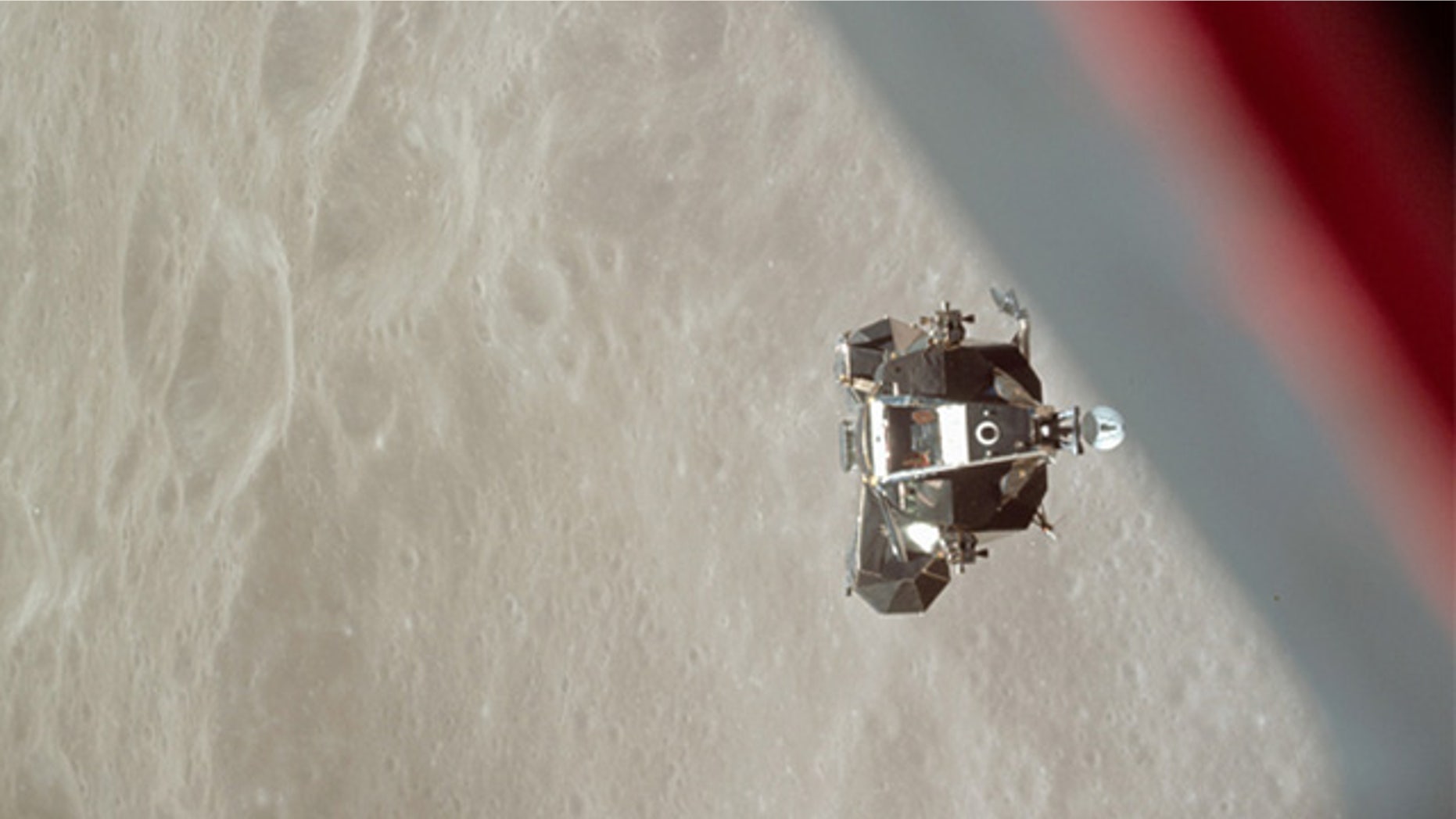 The ascent stage of the Apollo 10 Lunar Module "Snoopy" is photographed from the Command Module prior to docking in lunar orbit.