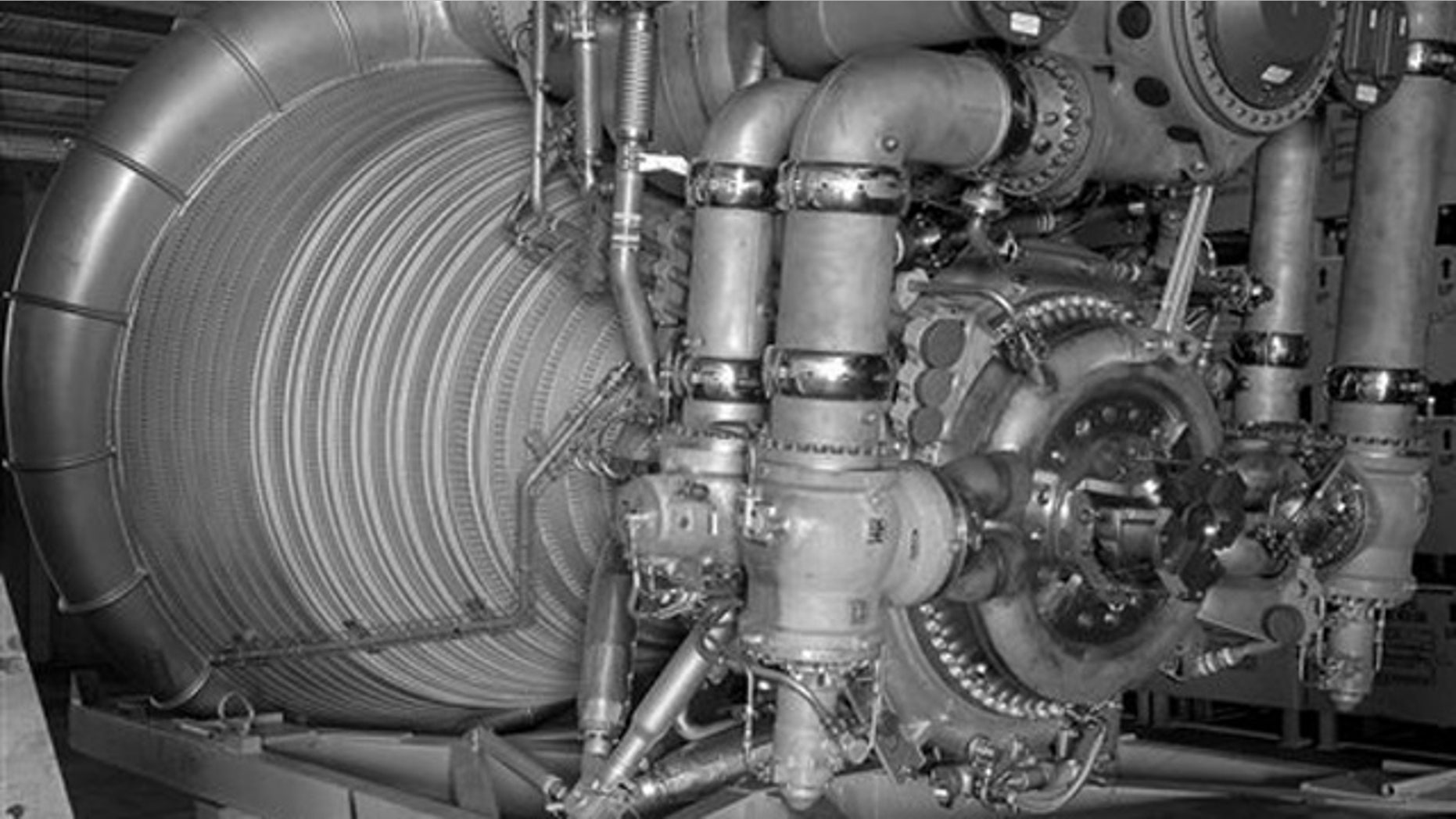 FILE: This 1963 photo provided by NASA shows an F-1 Engine for the Saturn V S-IC (first) stage at Marshall Space Flight Center in Huntsville, Ala.