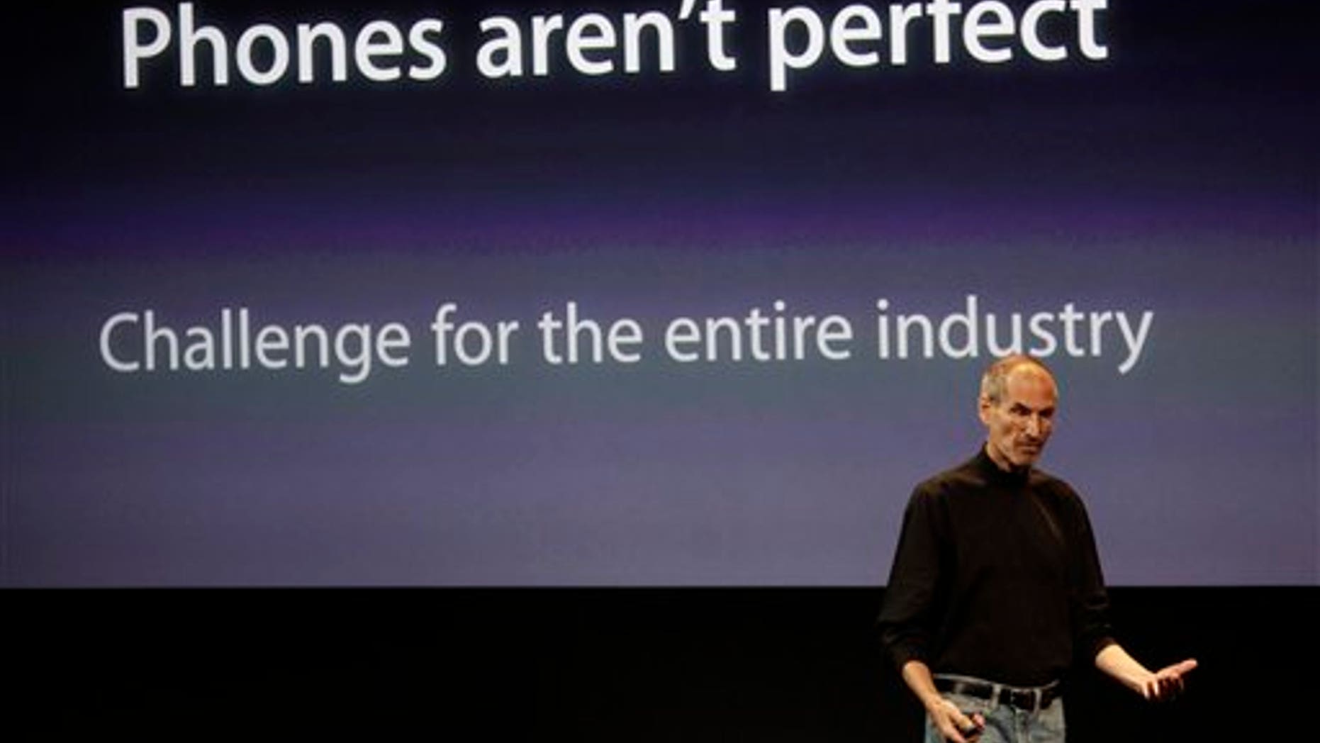 Apple CEO Steve Jobs talks about the Apple iPhone 4 at Apple headquarters in Cupertino, Calif., Friday, July 16, 2010.
