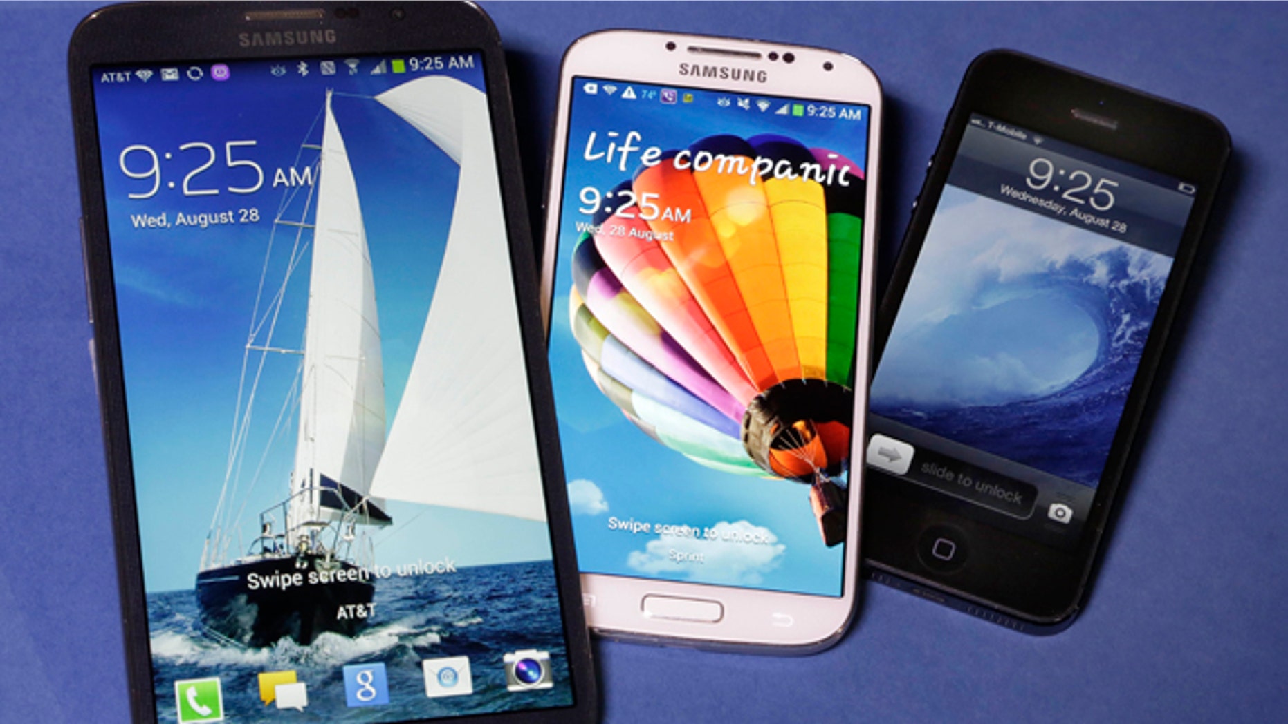 Aug. 28, 2013: The 6.3-inch Samsung Galaxy Mega, left, the 5.0-inch Samsung Galaxy S4, center, and 4.0-inch Apple iPhone 5. Reports suggest Apple is investigating larger screen sizes for its flagship phone, up to 6 inches.