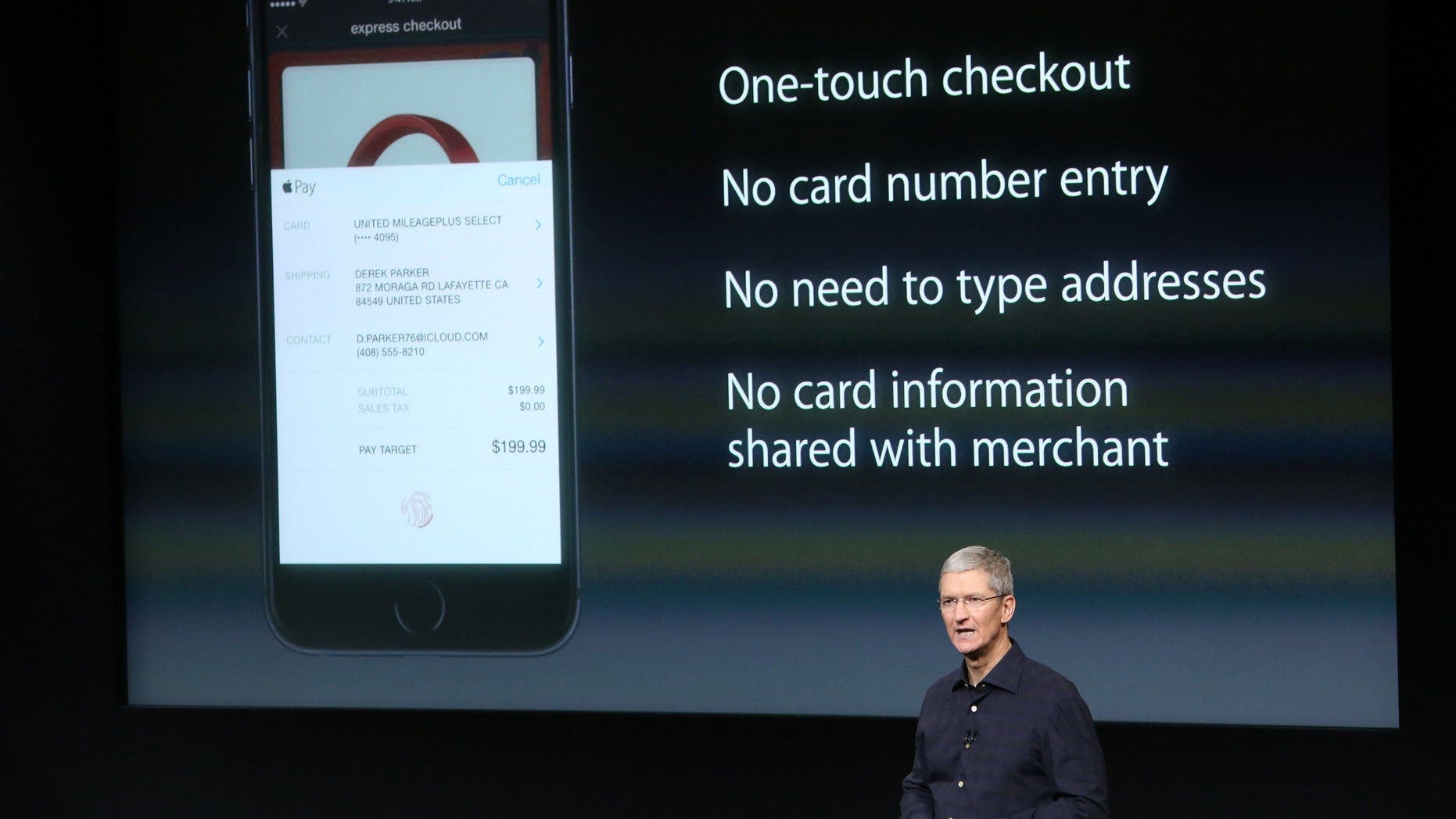 Apple CEO Tim Cook speaks about the Apple Pay service during a presentation at Apple headquarters.