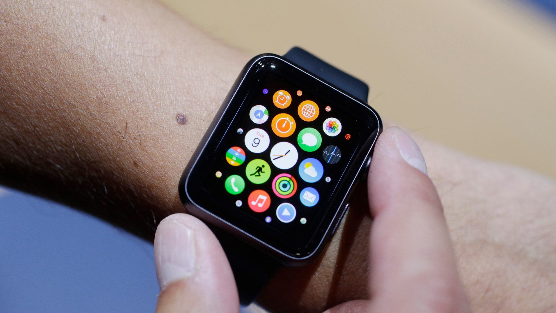 The new Apple Watch is shown during a new product release on Sept. 9, 2014.