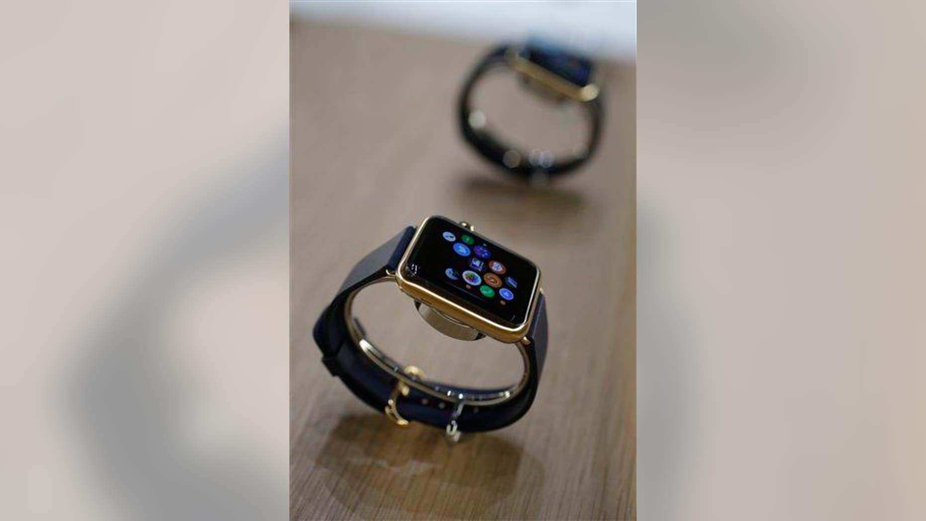 The Apple Watch is displayed on Tuesday in Cupertino, Calif.