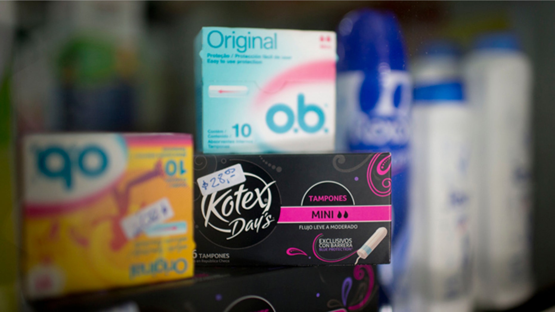 Tampons are displayed on a shelf at a drug store in Buenos Aires, Argentina, Wednesday, Jan. 7, 2015. A shortage of tampons in several Argentine cities led to finger-pointing Wednesday, with the government insinuating it was a strategy by importers to jack up prices while companies blamed stifling bureaucracy. The shelves in pharmacies and supermarkets have even been empty in some coastal areas where tourists flock during the warm summer months. (AP Photo/Natacha Pisarenko)