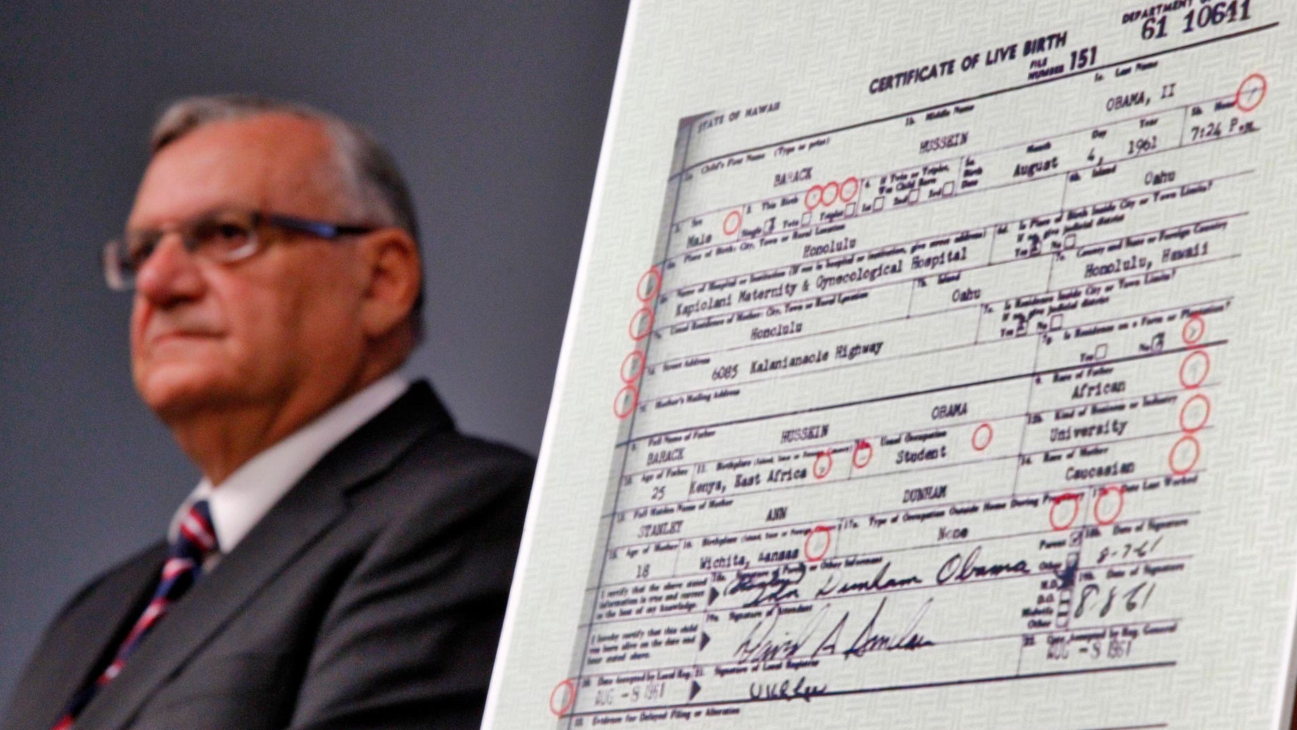 July 17, 2012: Maricopa County Sheriff Joe Arpaio announces in Phoenix that President Obama's birth certificate, as presented by the White House in April 2011, is a forgery based on an investigation by the Sheriff's office.