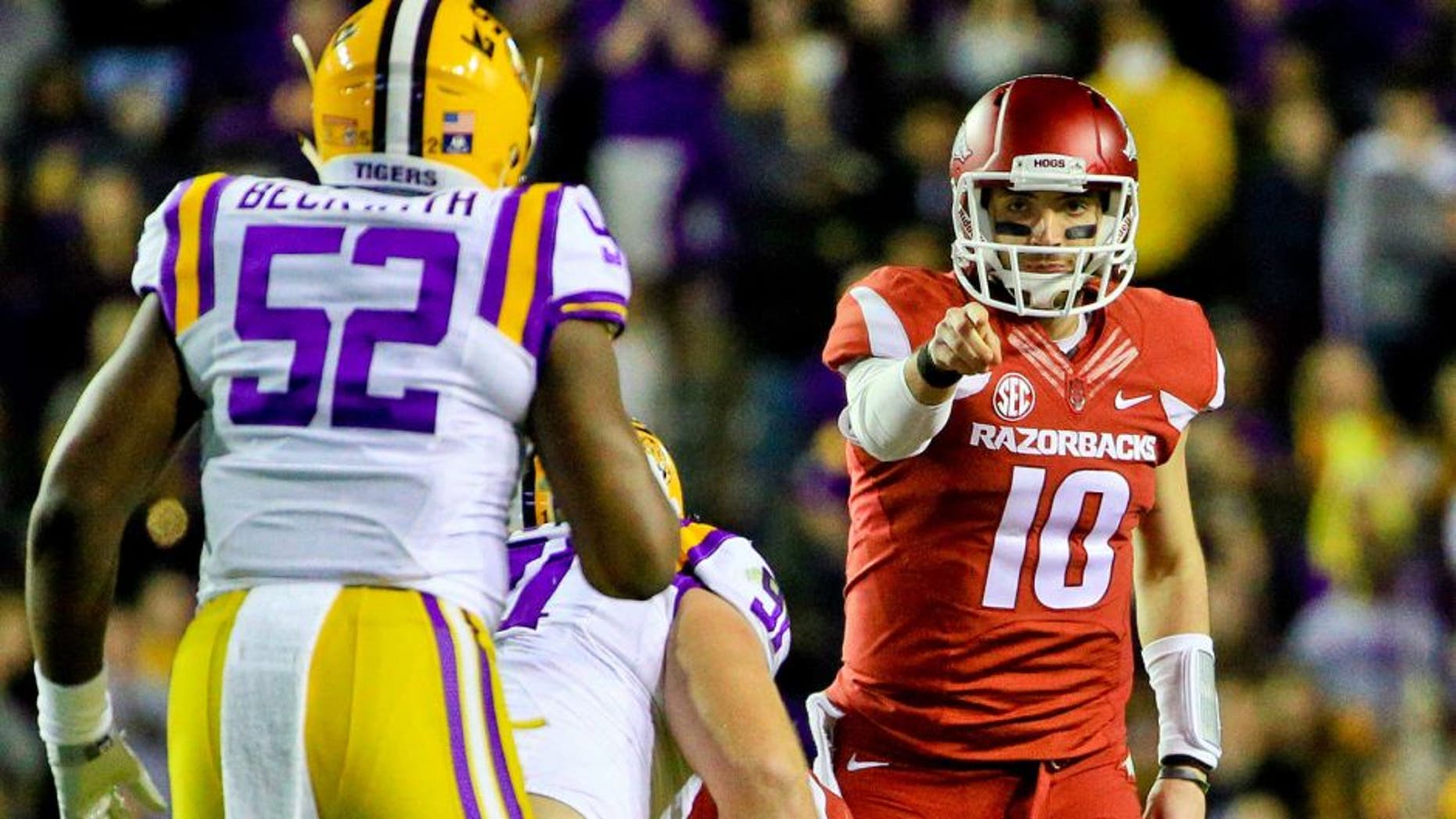 Nov 14, 2015; Baton Rouge, LA, USA; Arkansas Razorbacks quarterback Brandon Allen (10) against the LSU Tigers during the second quarter of a game at Tiger Stadium. Mandatory Credit: Derick E. Hingle-USA TODAY Sports