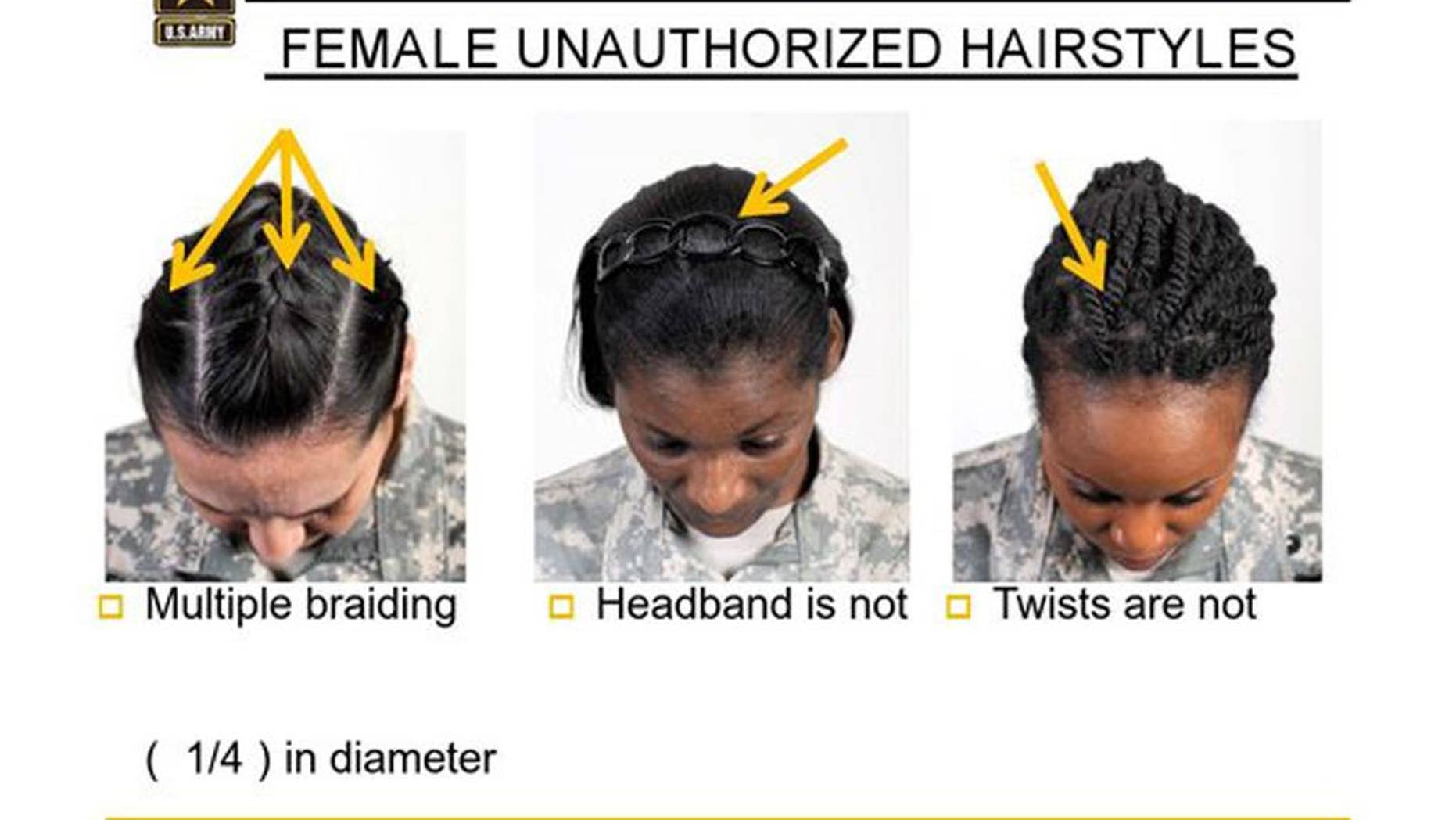This undated image provided by the US Army shows new Army grooming regulations for females. New Army regulations meant to help standardized and professionalize soldiers’ appearance is now coming under criticism by some black military women, who say changes in the requirement for their hair are racially biased. The Army earlier this week issued new appearance standards, which included bans on most twists, dreadlocks and large cornrows, all styles used predominantly by African-American women with natural hairstyles. More than 11,000 people have signed a White House petition asking President Barack Obama, the commander-in-chief, to have the military review the regulations to allow for “neat and maintained natural hairstyles.” (AP Photo/US Army)