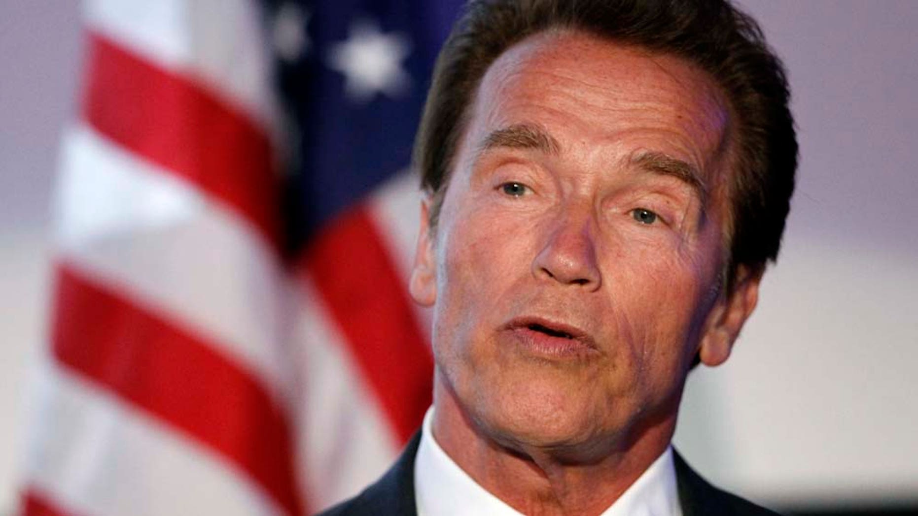 Arnold Schwarzenegger speaks at the Israel 63rd Independence Day Celebration hosted by the Consulate General of Israel in Los Angeles, Tuesday, May 10, 2011. Schwarzenegger was honored at the event. (AP Photo/Matt Sayles)