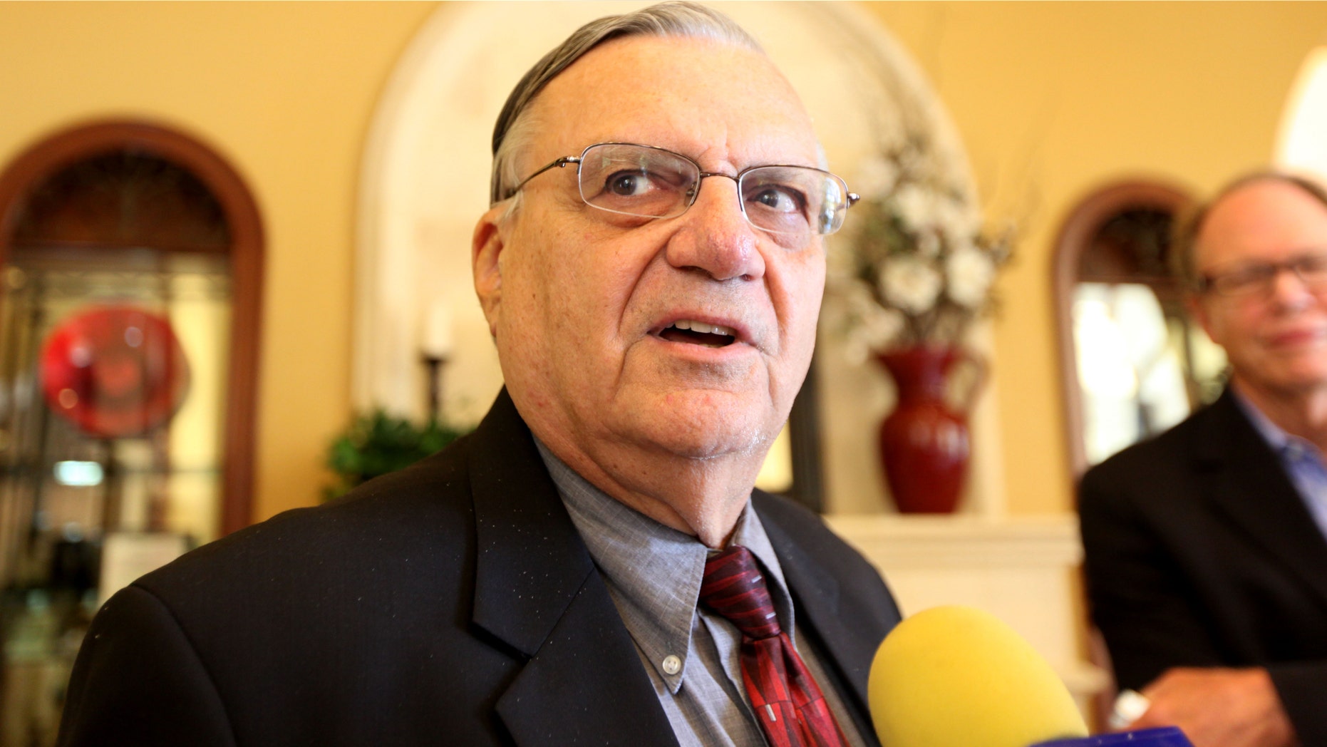 RANCHO BERNARDO, CA - AUGUST 10: Sheriff Joe Arpaio speaks to members of the media during a visit to the Rancho Bernardo Inn on August 10, 2010 in Rancho Bernardo, California. Arpaio, who is Sheriff of Maricopa County in Arizona, gained national attention for using deputies to conduct raids to apprehend illegal immigrants and building large outdoor prison tents to house inmates. (Photo by Sandy Huffaker/Getty Images) *** Local Caption *** Joe Arpaio