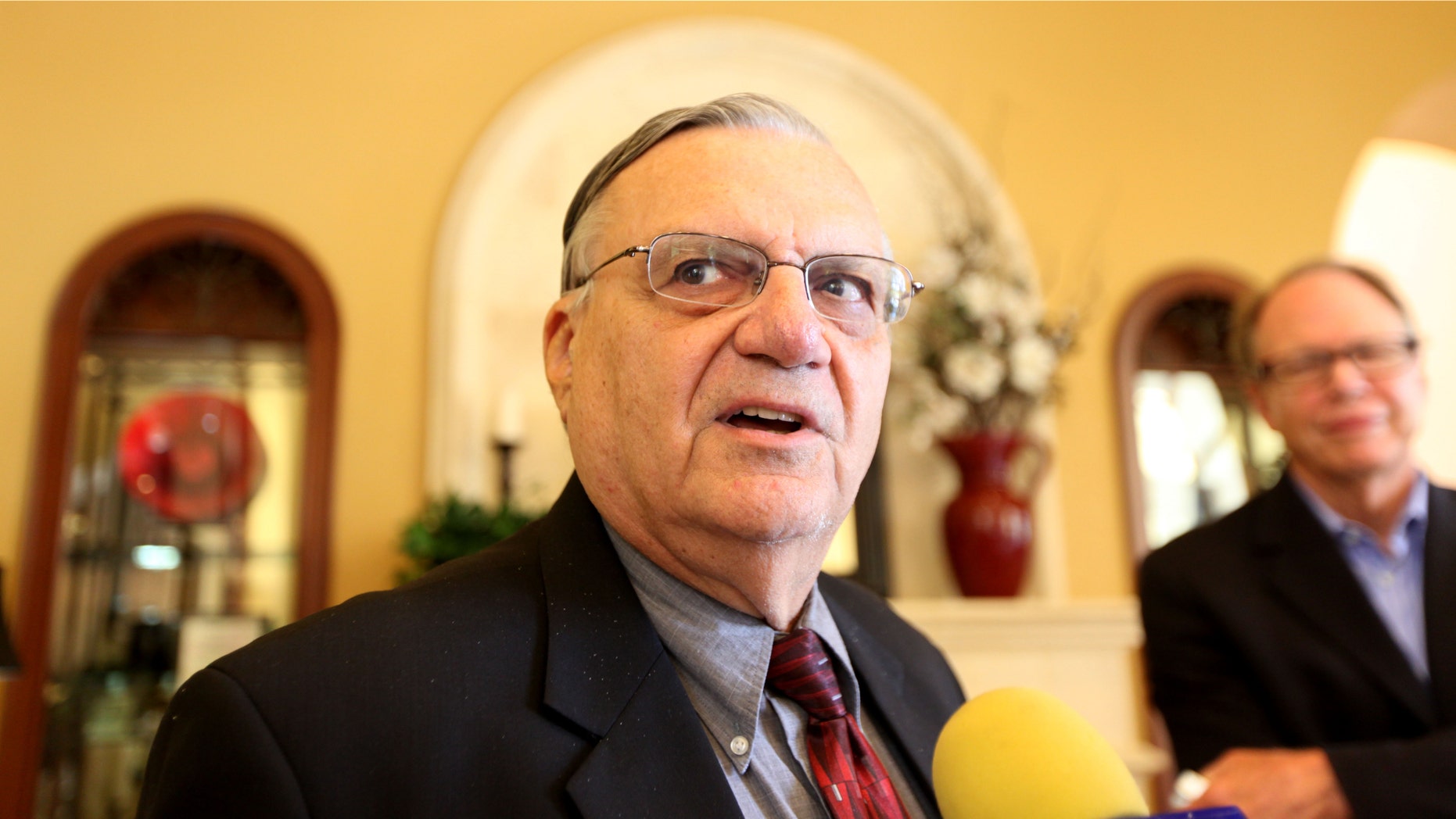 RANCHO BERNARDO, CA - AUGUST 10: Sheriff Joe Arpaio speaks to members of the media during a visit to the Rancho Bernardo Inn on August 10, 2010 in Rancho Bernardo, California. Arpaio, who is Sheriff of Maricopa County in Arizona, gained national attention for using deputies to conduct raids to apprehend illegal immigrants and building large outdoor prison tents to house inmates. (Photo by Sandy Huffaker/Getty Images) *** Local Caption *** Joe Arpaio