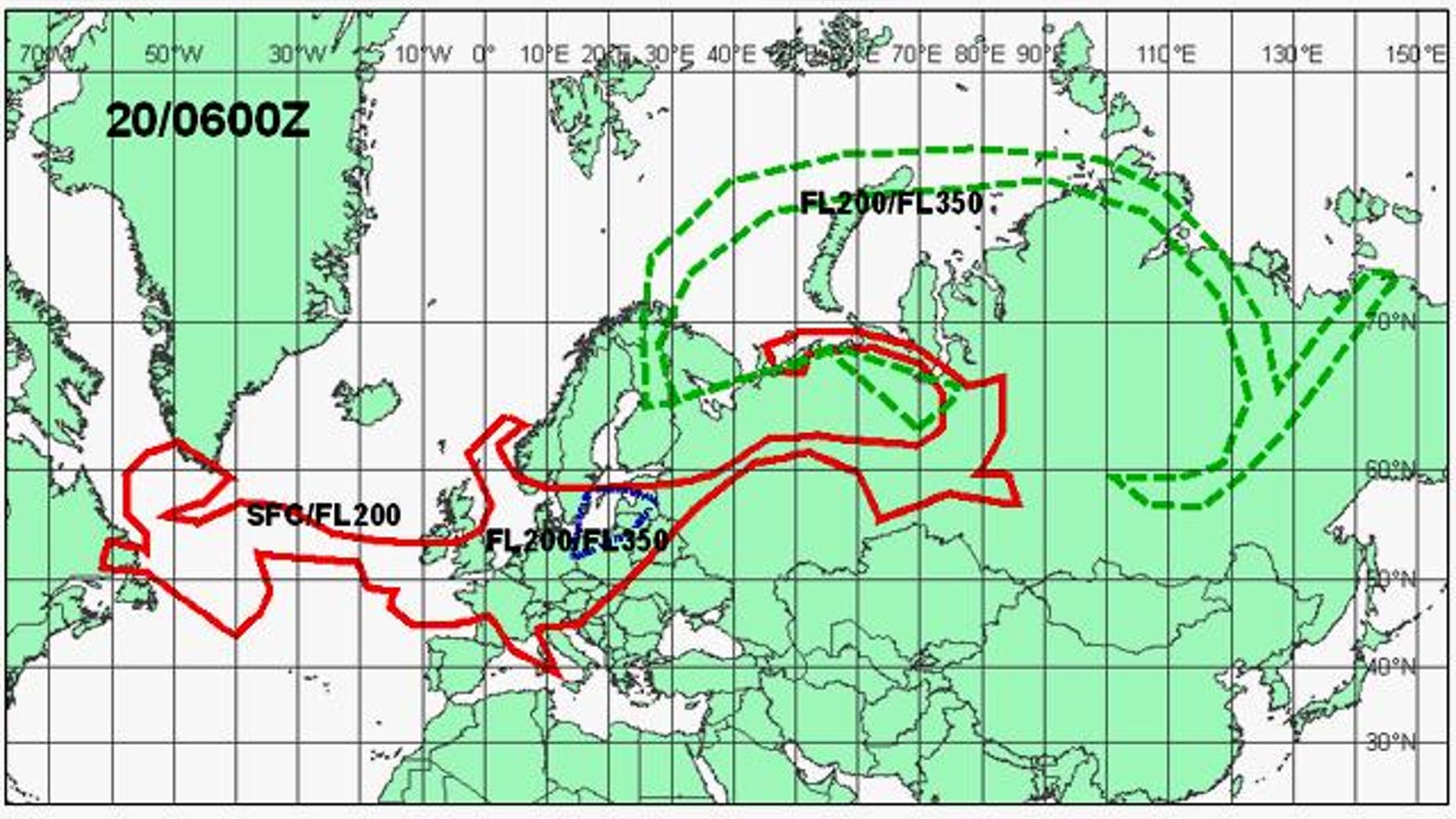 The latest Volcanic Ash Advisory from London's weather office shows clouds of volcanic ash stretching across the Atlantic Ocean.