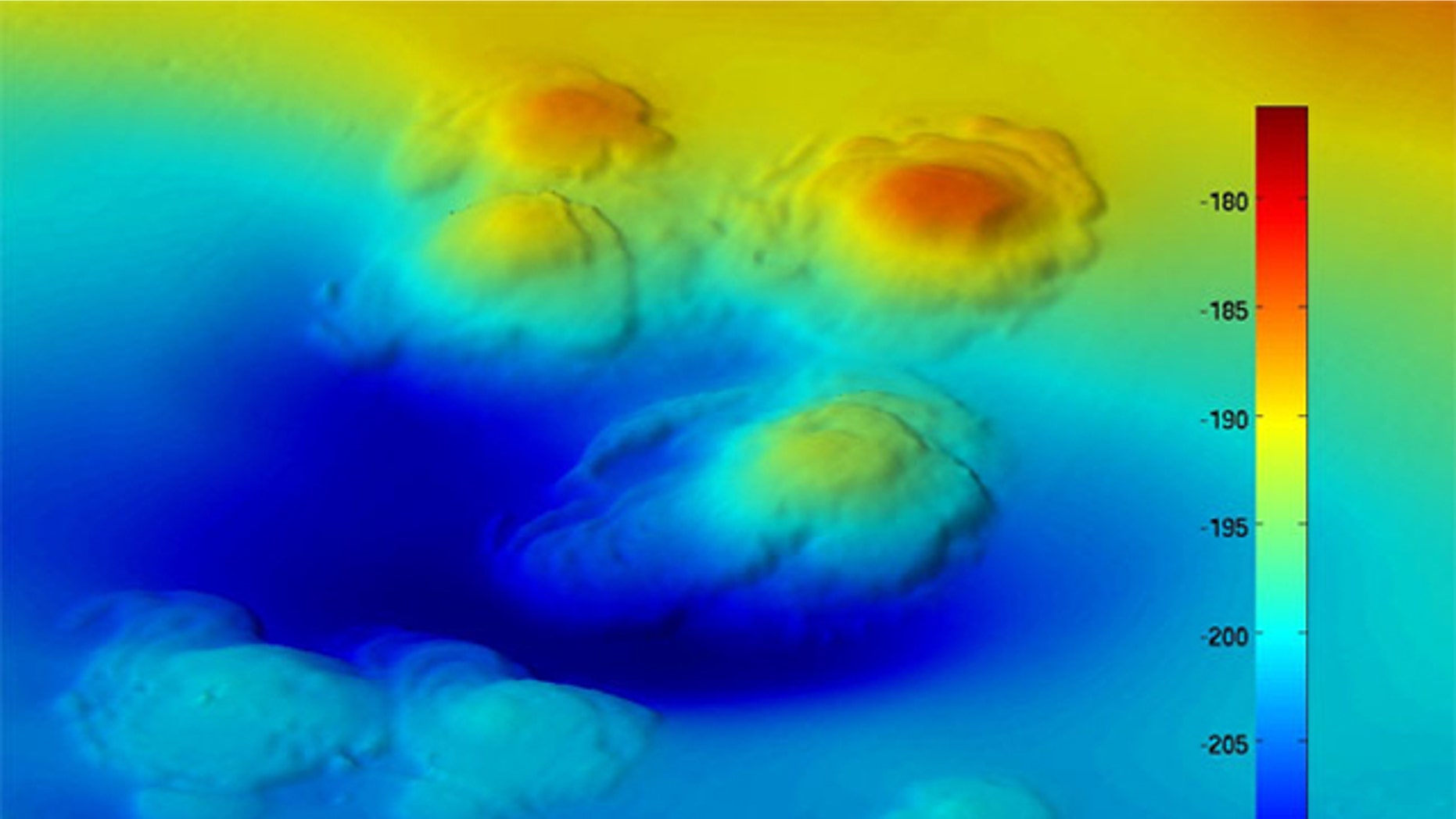 High-resolution bathymetry shows extinct asphalt volcanoes on the seafloor off California, which were recently discovered. Bar chart indicates depth.