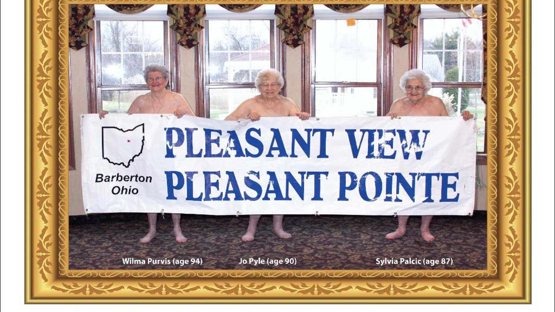 In this undated image provided by Pleasant Pointe Assisted Living, residents, from left, Wilma Purvis, 94, Jo Pyle, 90, and Sylvia Palcic, 87, pose for a photo that appears on the cover of the Barberton, Ohio facility's charity calendar. Money from the $12 calendars goes toward providing shoes for local children. (AP Photo/Pleasant Pointe Assisted Living)