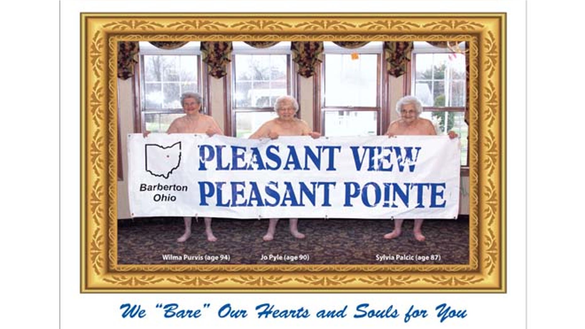 In this undated image provided by Pleasant Pointe Assisted Living, residents, from left, Wilma Purvis, 94, Jo Pyle, 90, and Sylvia Palcic, 87, pose for a photo that appears on the cover of the Barberton, Ohio facility's charity calendar.