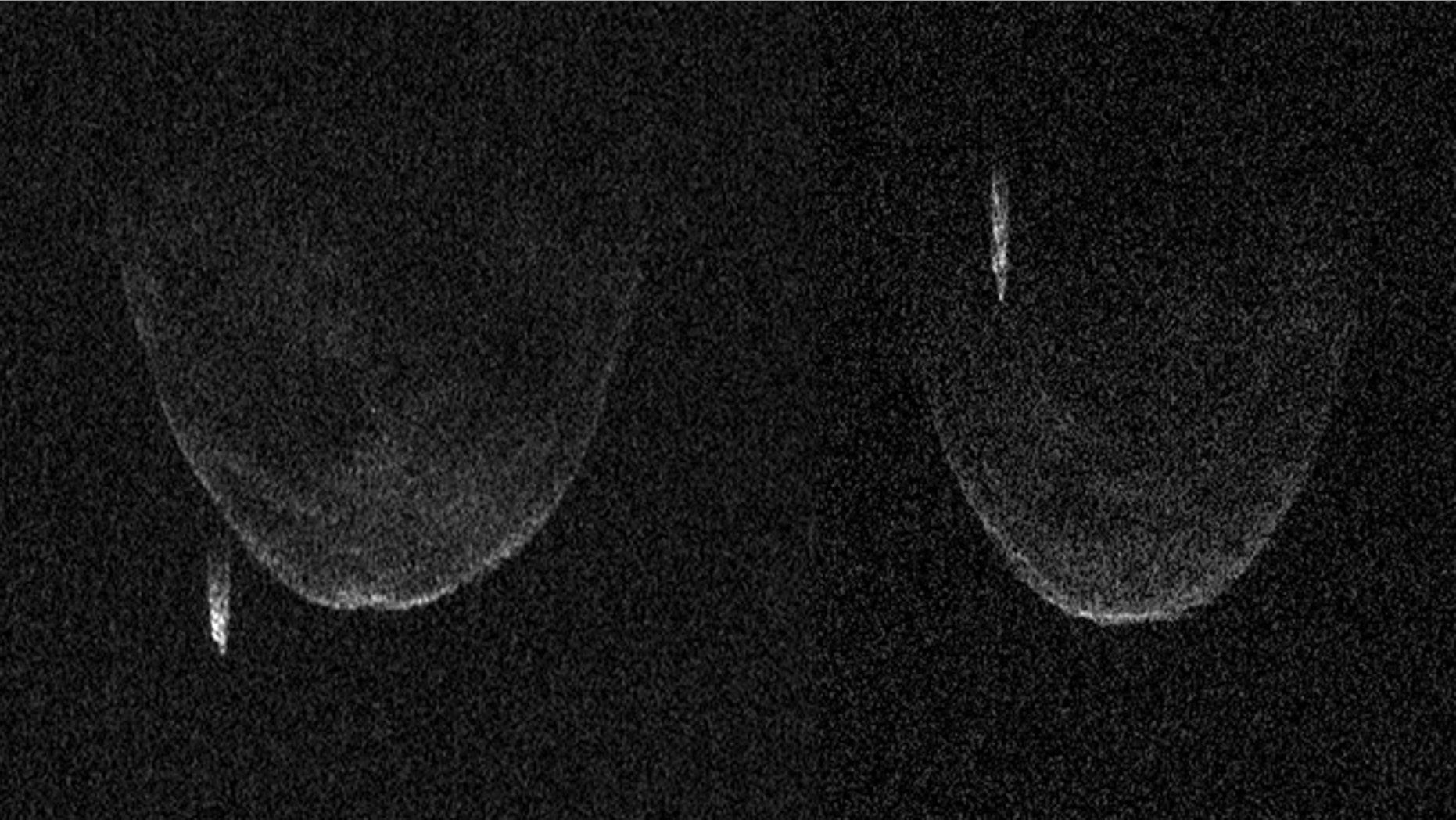 Asteroid pictured from radar image (photo 1 on left) and (photo 2 on right).