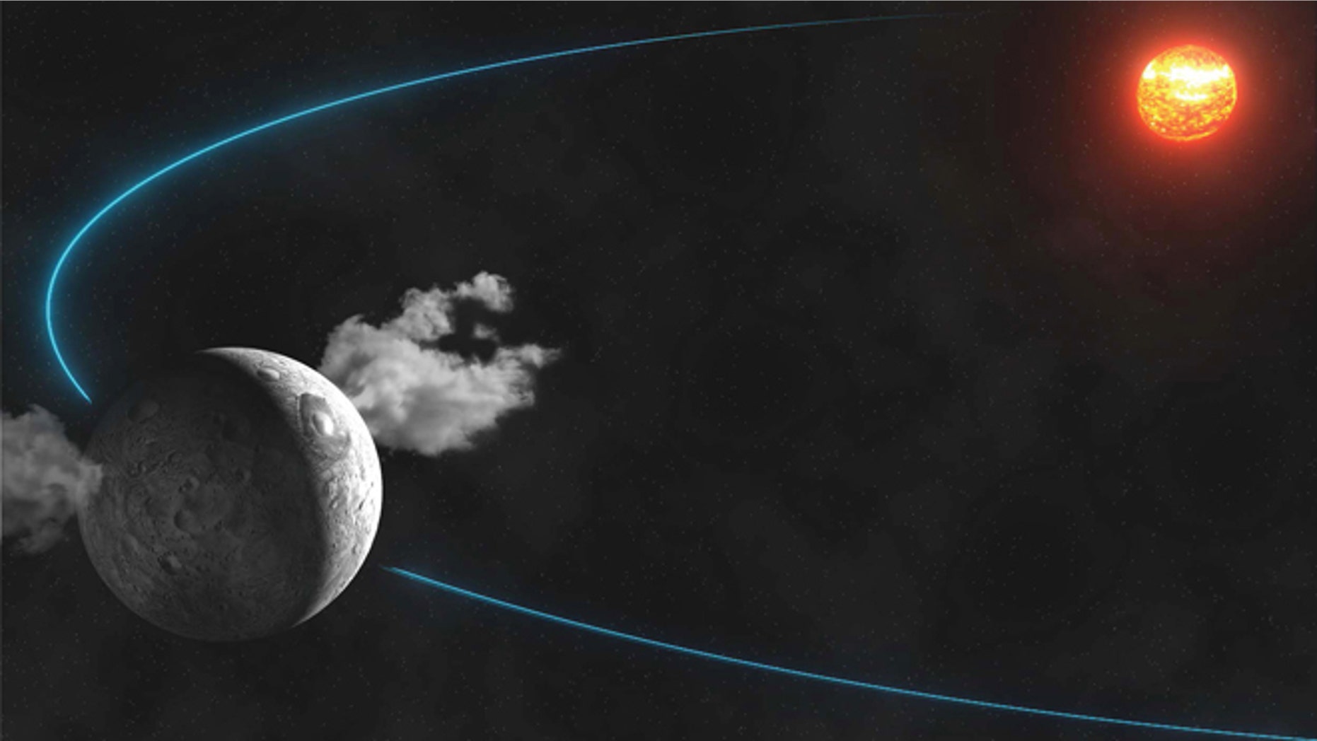 This artist rendering shows water plumes spewing from the surface of the dwarf planet Ceres. Scientists led by the European Space Agency observed the plumes and reported their findings in the Jan. 23, 2014 issue of the journal Nature.