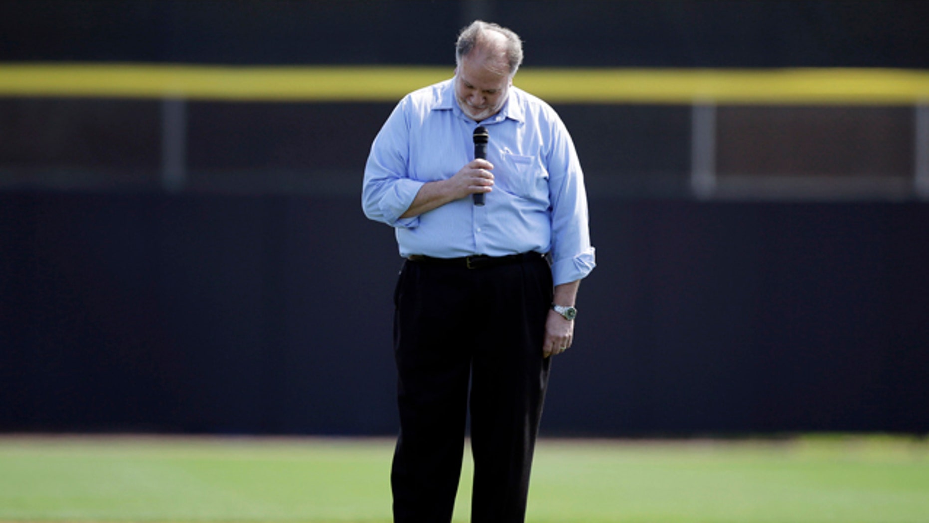 Feb. 27, 2013: Singer Jeff Fuller reacts after forgetting lyrics to the Canadian national anthem before an exhibition baseball game between the Toronto Blue Jays and the Houston Astros.