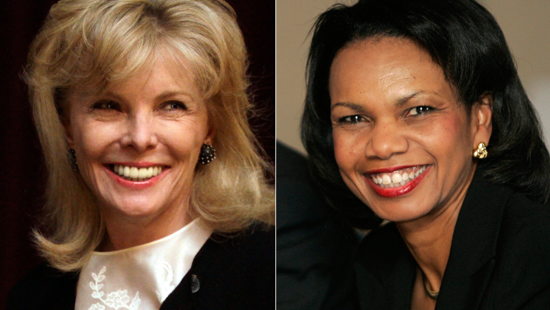 At left, in a March 24, 2011 file photo, Darla Moore speaks to students at the University of South Carolina in Columbia, S.C. At right, in a Jan. 24, 2008 file photo, U.S. Secretary of State Condoleeza Rice smiles during a meeting with trade union leaders in Medellin, Colombia.