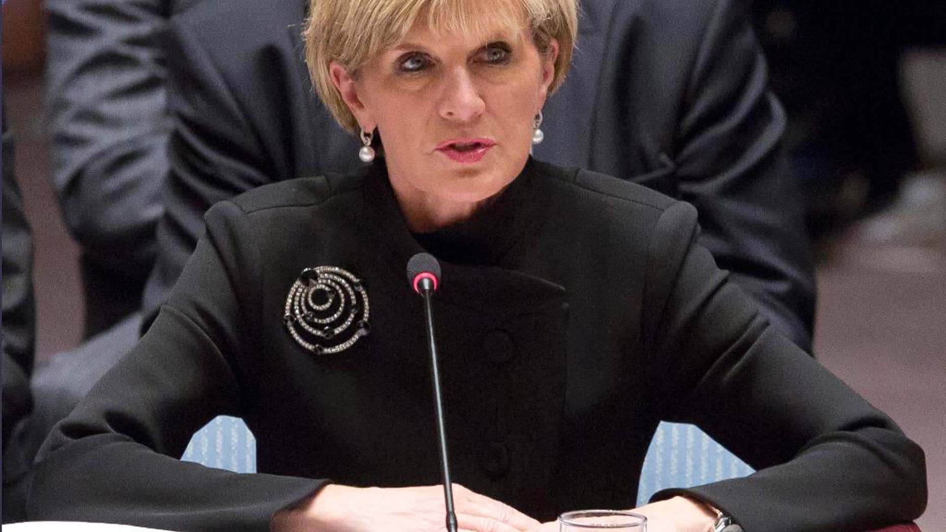 FILE - In this Sept. 19, 2014 file photo, Australian Foreign Minister Julie Bishop addresses a meeting of the U.N. Security Council on Iraq at the United Nations headquarters. Australia will continue to directly pay for climate change adaptation in vulnerable South Pacific island nations through its aid budget rather than donate to a U.N. Green Climate Fund designed for the same purpose, Bishop said Friday, Dec. 5, ahead of climate talks in Peru. (AP Photo/Bebeto Matthews, File)