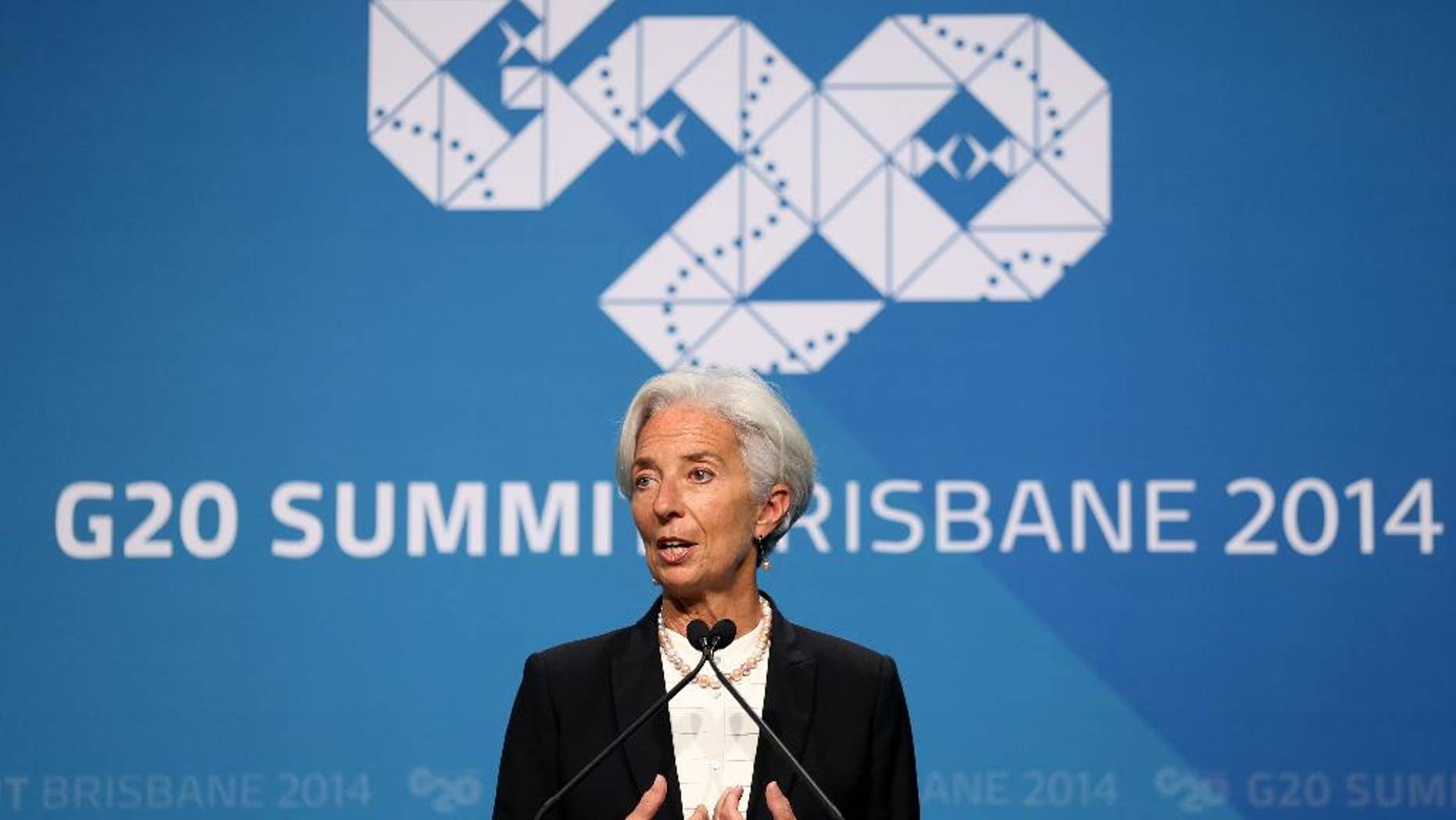 Managing Director of the IMF Madame Christine Lagarde addresses a press conference at the conclusion of the G-20 summit in Brisbane, Australia, Sunday, Nov. 16, 2014. (AP Photo/Rob Griffith)