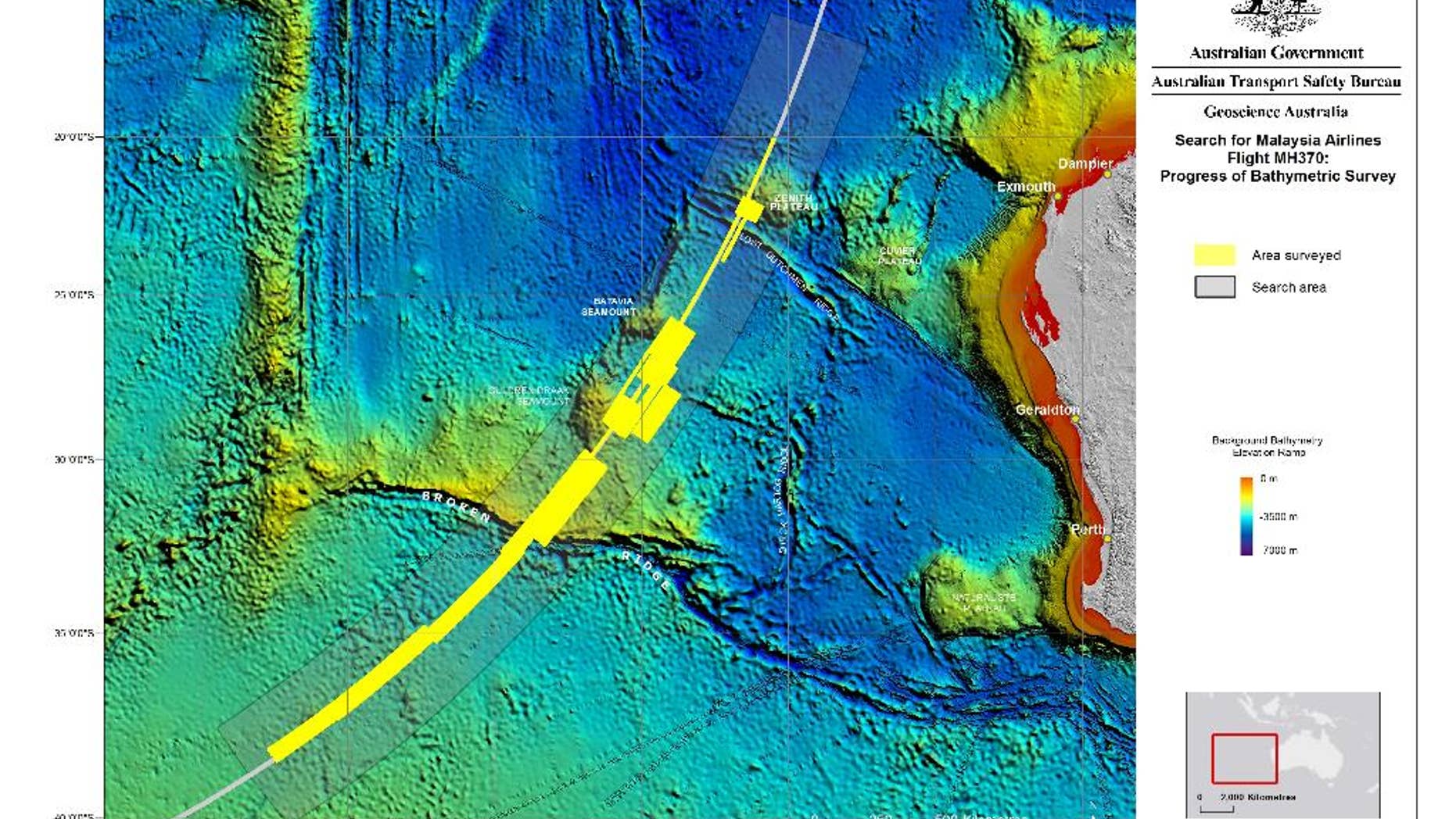 This map provided Wednesday, Oct. 22, 2014, by The Australian Transport Safety Bureau shows the area surveyed so far is marked in yellow in the search for the missing Malaysia Airlines Flight 370 in the southern Indian Ocean. The hunt for the passenger plane in a remote patch of the Indian Ocean is progressing well but will likely take many months because of the huge area involved, an Australian official said Friday, Oct. 24. Peter Foley, an Australian search coordinator, said there is optimism with two ships using high-tech sonar devices to search for the Boeing 777, which disappeared in March while flying from Kuala Lumpur to Beijing with 239 people on board. (AP Photo/The Australian Transport Safety Bureau) EDITORIAL USE ONLY