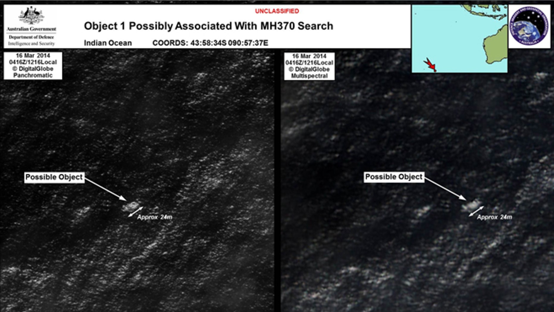 In this March 16, 2014 satellite imagery provided by Commonwealth of Australia - Department of Defence on Thursday, March 20, 2014, a floating object is seen at sea next to the descriptor which was added by the source. Australia's government reported Thursday, March 20, 2014 that the images show suspected debris from the missing Malaysia Airlines jetliner floating in an area 2,500 kilometers (1,550 miles) southwest of Perth Australia. (AP Photo/Commonwealth of Australia - Department of Defence)
