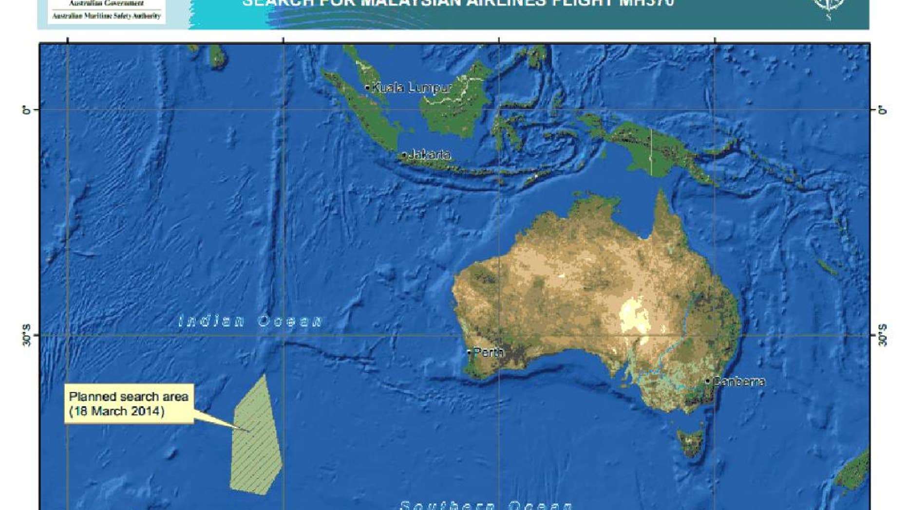 This graphic released by the Australian Maritime Safety Authority Tuesday, March 18, 2014 shows an area, left bottom, in the southern Indian Ocean that the Australian Maritime Safety Authority (AMSA) is concentrating its search for the missing Malaysia Airlines Flight MH370 on. Manager of AMSA response division John Young has identified their search will cover a massive 600,000-square kilometers (232,000-square miles) area, saying it will take weeks to search thoroughly. (AP Photo/The Australian Maritime Safety Authority)