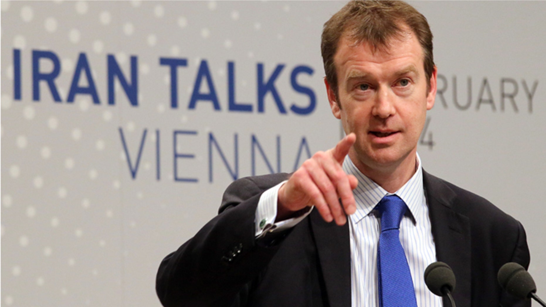 Feb. 18, 2014: Michael Mann, spokesperson for EU foreign policy chief Catherine Ashton spekes to press during closed-door nuclear talks in Vienna, Austria.