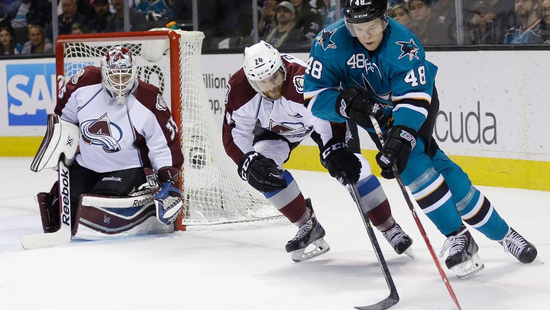 San Jose Sharks' Tomas Hertl, right, of the Czech Republic, is defended by Colorado Avalanche's Marc-Andre Cliche (24) as goalie Jean-Sebastien Giguere, left, watches during the first period of an NHL hockey game on Friday, April 11, 2014, in San Jose, Calif. (AP Photo/Marcio Jose Sanchez)