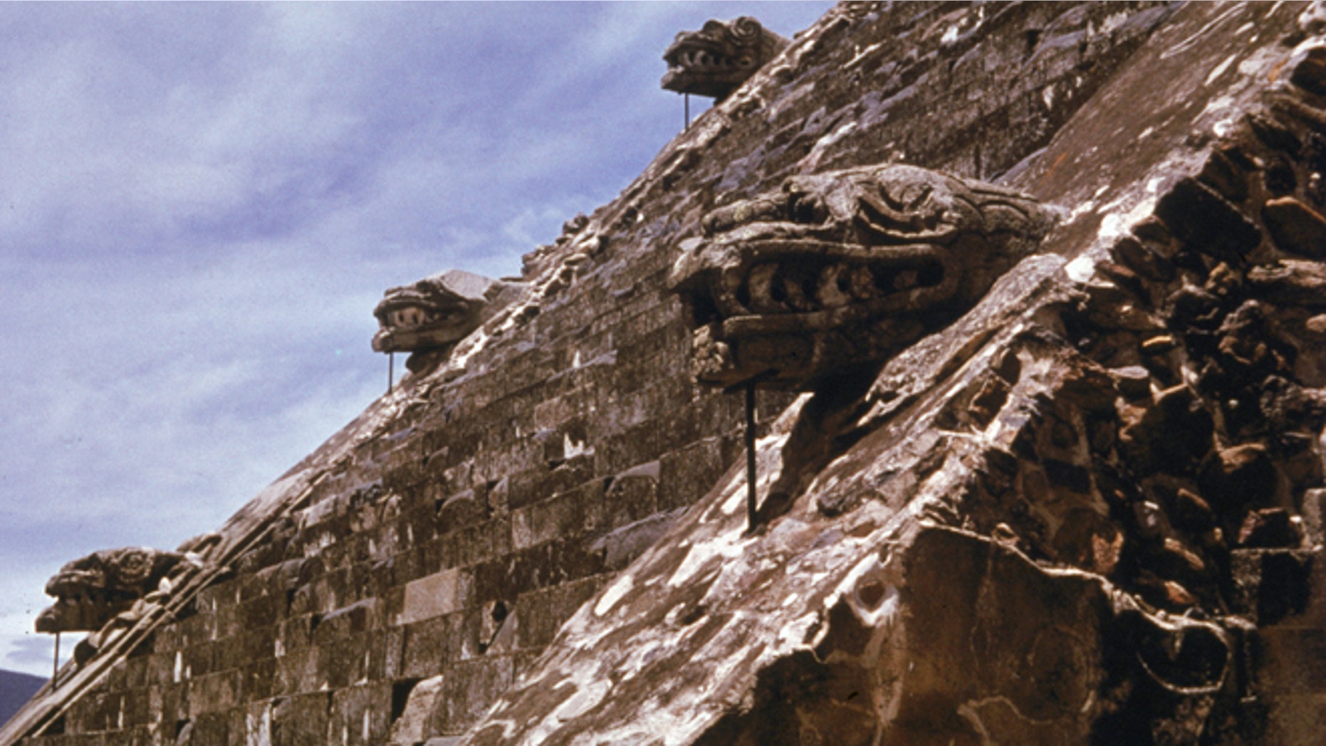 Detail of figures on the Temple of Quetzalcoatl at Teotihuacan, near Mexico City, Mexico, c. 1980.