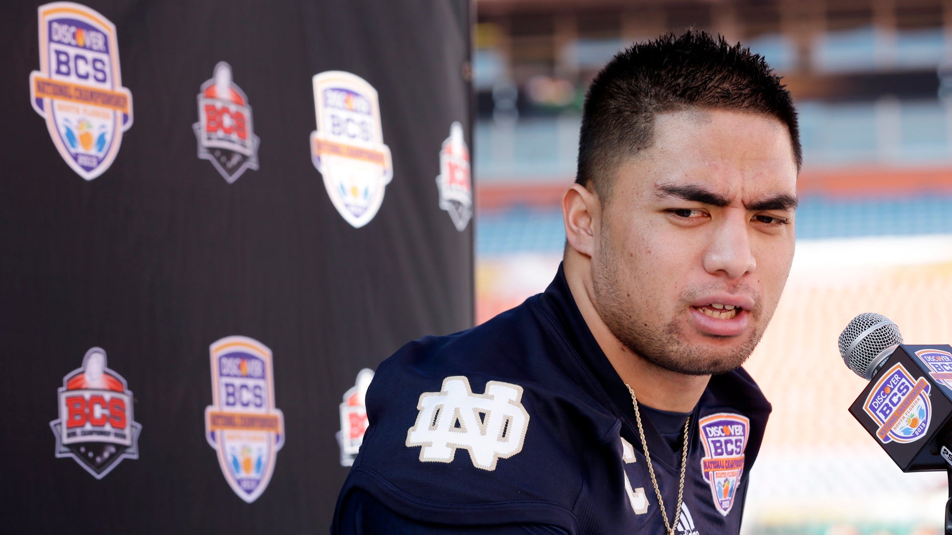 Jan. 5, 2013: Notre Dame linebacker Manti Te'o answers a question during Media Day for the BCS National Championship college football game in Miami.