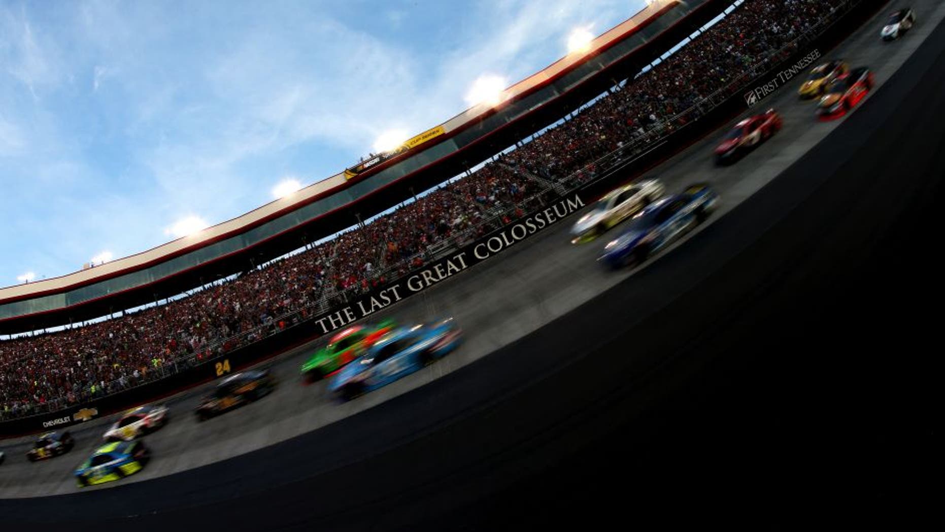 BRISTOL, TN - AUGUST 22: Cars race during the NASCAR Sprint Cup Series IRWIN Tools Night Race at Bristol Motor Speedway on August 22, 2015 in Bristol, Tennessee. (Photo by Sean Gardner/Getty Images)